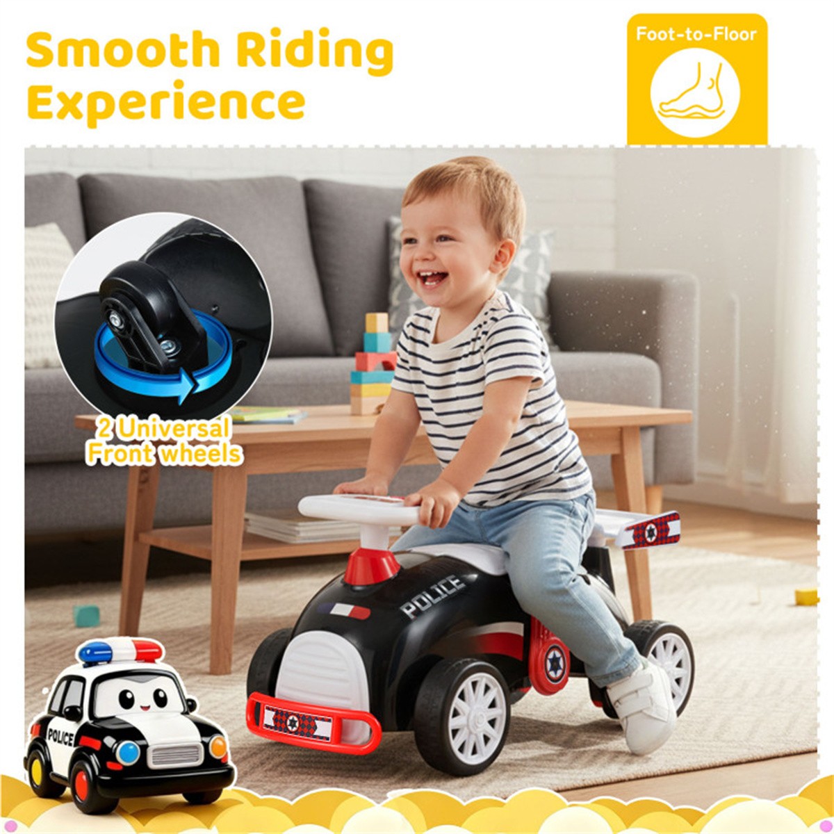 Toddler Ride On Sliding Car with Music Storage Seat for 1-3 Years Police Theme