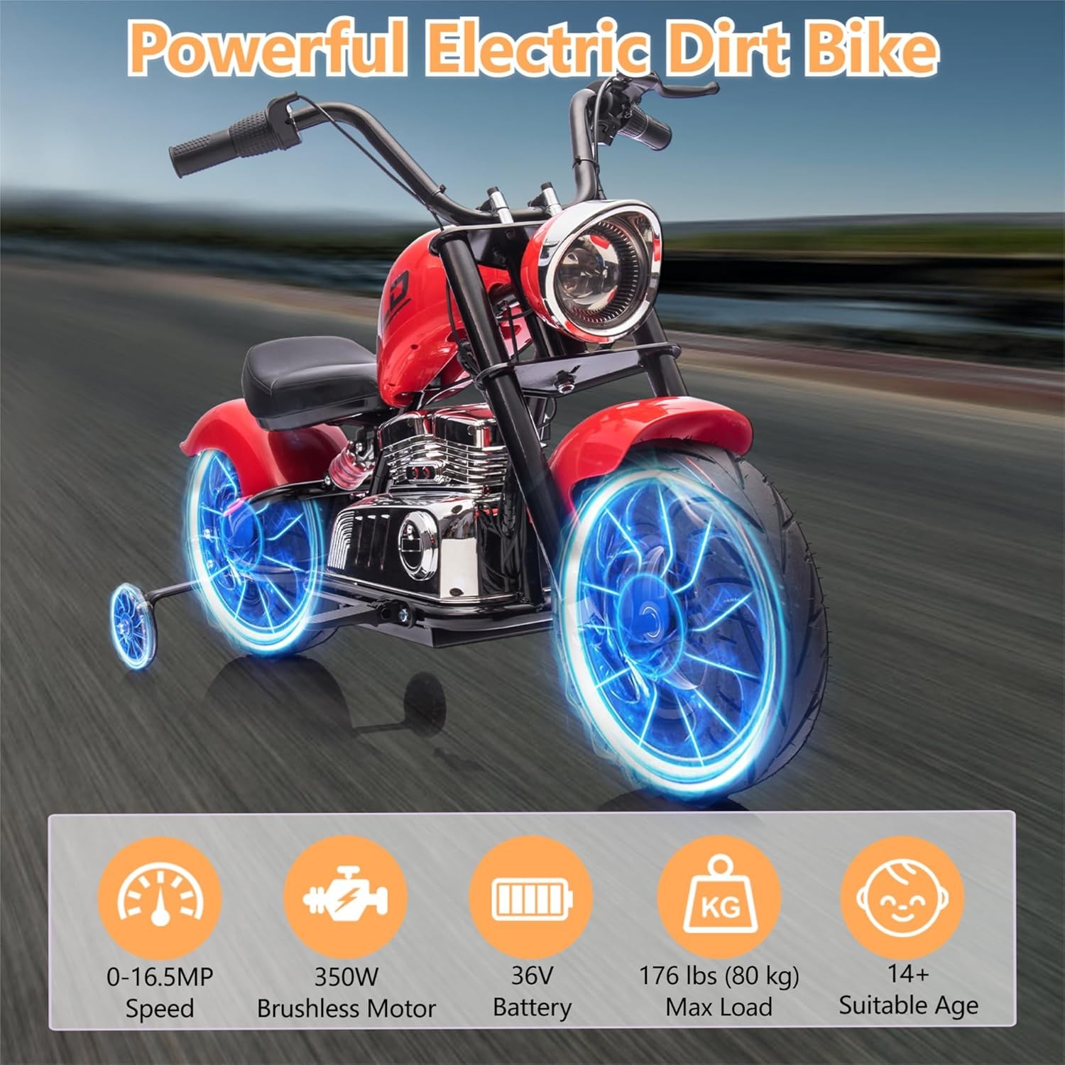 36V Electric Dirt Bike for Teens 16.5MPH&176LB Load Spring Suspension Multicolor