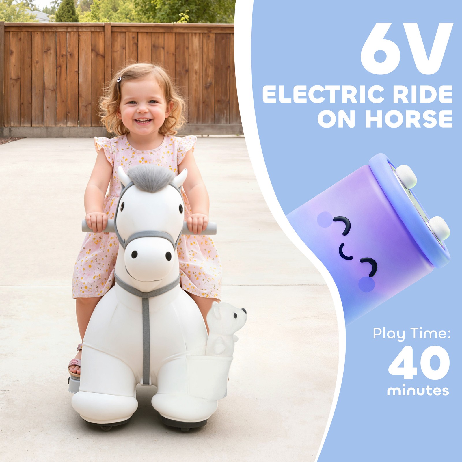 6V Ride On Horse, Battery Powered Ride on Toy with Bear Toy, Music