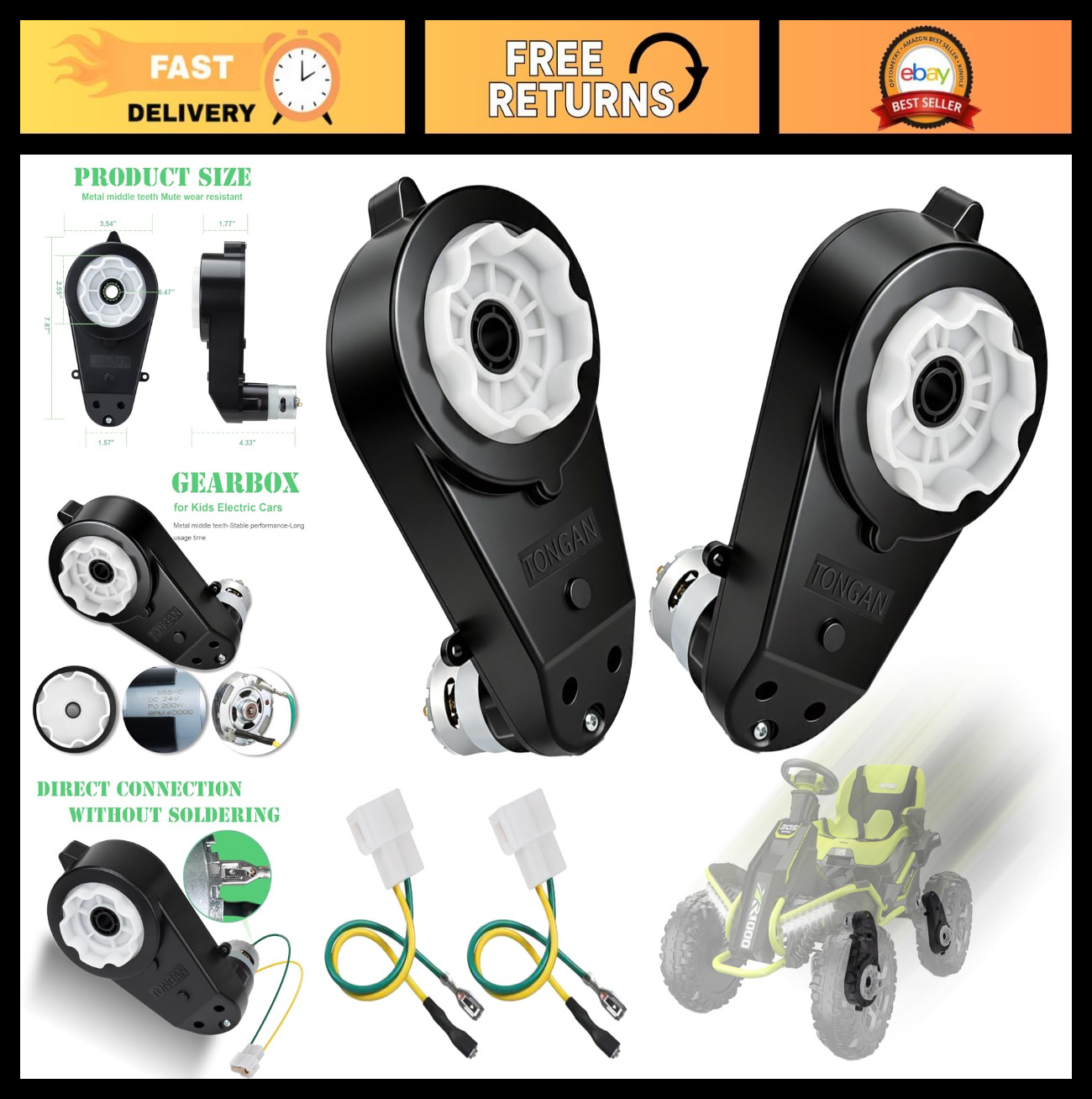 24V High-Speed Motor Upgrade Gearbox for Ride-On Toys – 2 Pcs, 40000RPM Parts