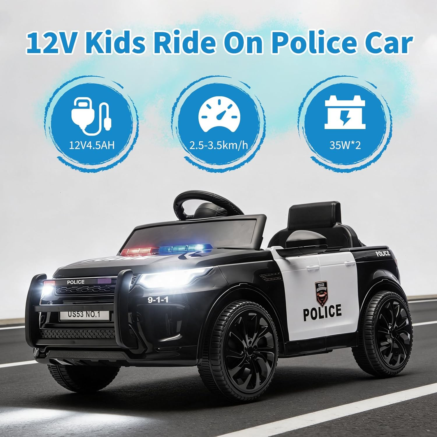 12V 4.5Ah Kids Electric Police Car Ride on with Remote Control, LED Flashing Lig