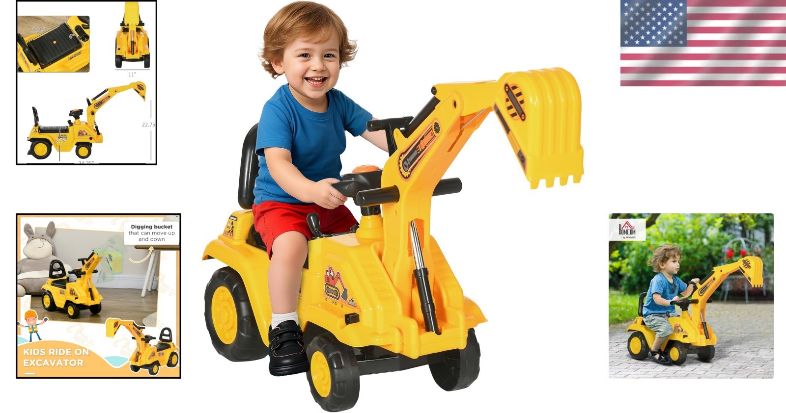 Imaginative Play Excavator Ride On Toy with Front Loader & Storage for Toddlers