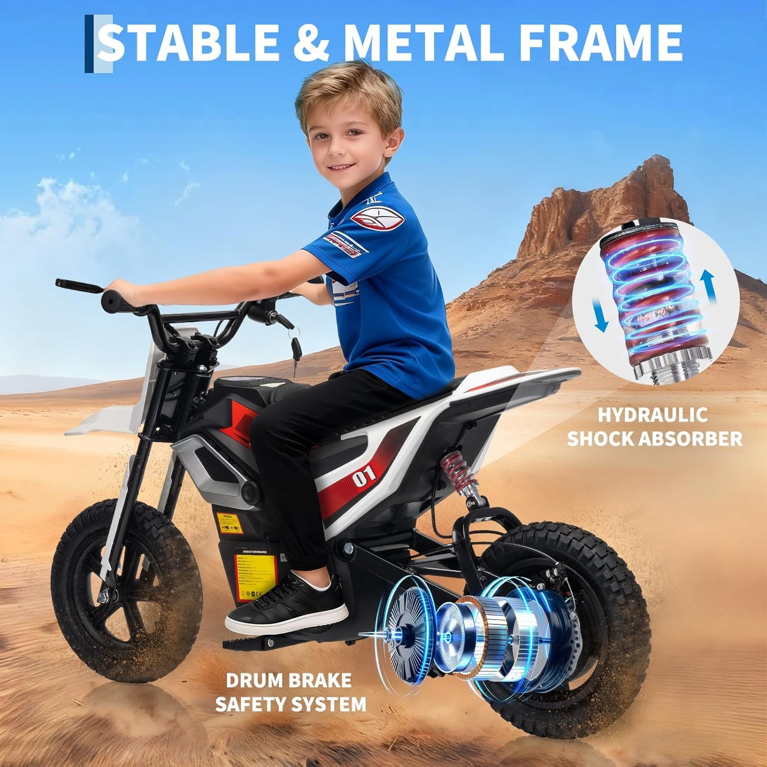 350W 24V Kids Electric Dirt Bike Motorcycle, Rear Suspension, Music & Bluetooth