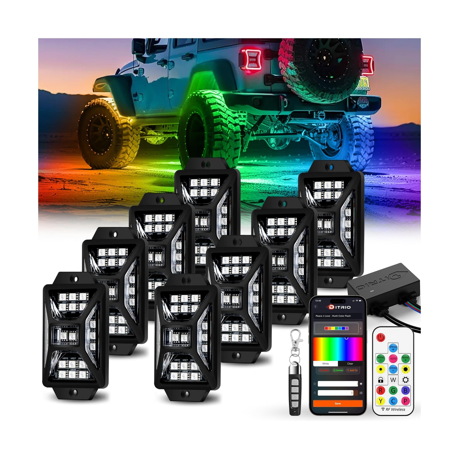 8 Pods Five Sided RGB Rock Lights for Trucks Jeep UTV SUV ATV Golf Cart, Mult…