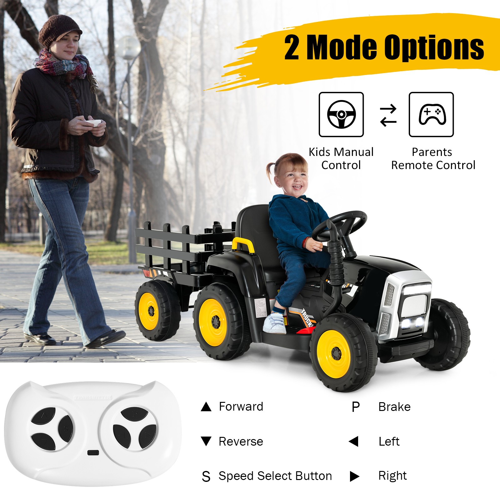 12V Kids Ride On Tractor with Trailer Ground Loader w/ RC & Lights Dark Black