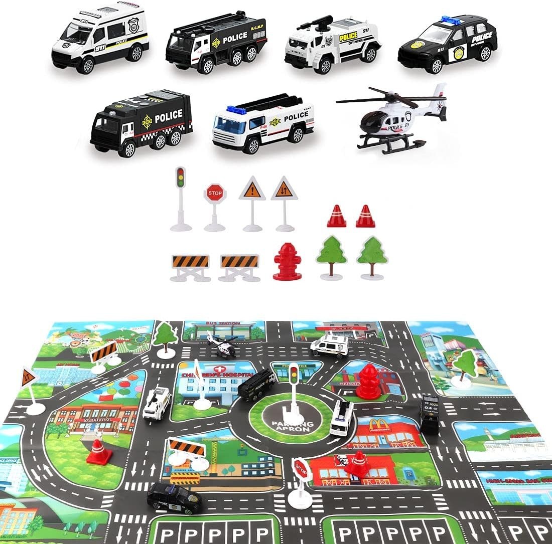 20-Piece Police Toy Airplane – Friction Powered, Metal Cars, Play Mat