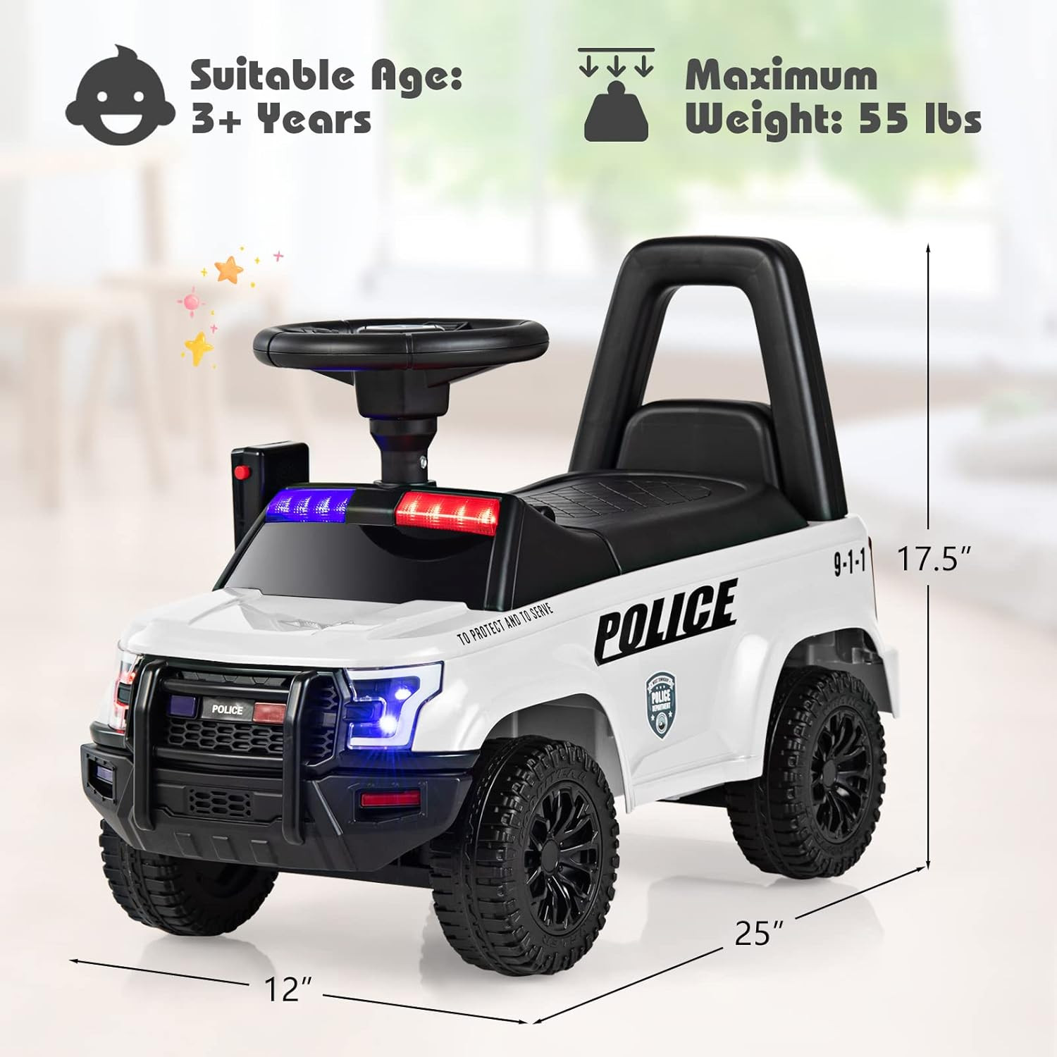 Ride on Push Police Car, Toddler Foot-To-Floor Sliding Toy with Siren, Steering