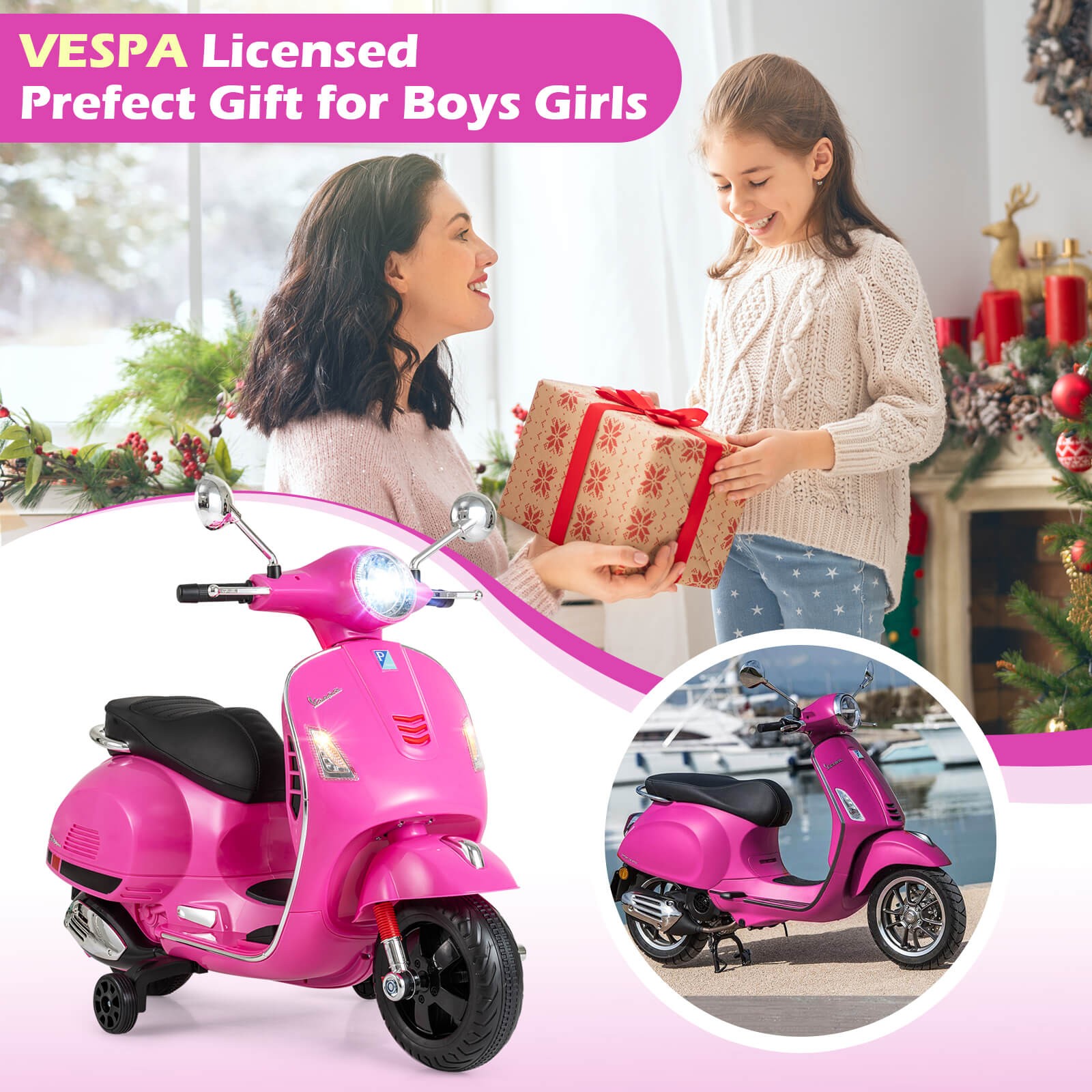 Licensed VESPA 12V Kids Electric Motorcycle w/Music Horn Story Training Wheels
