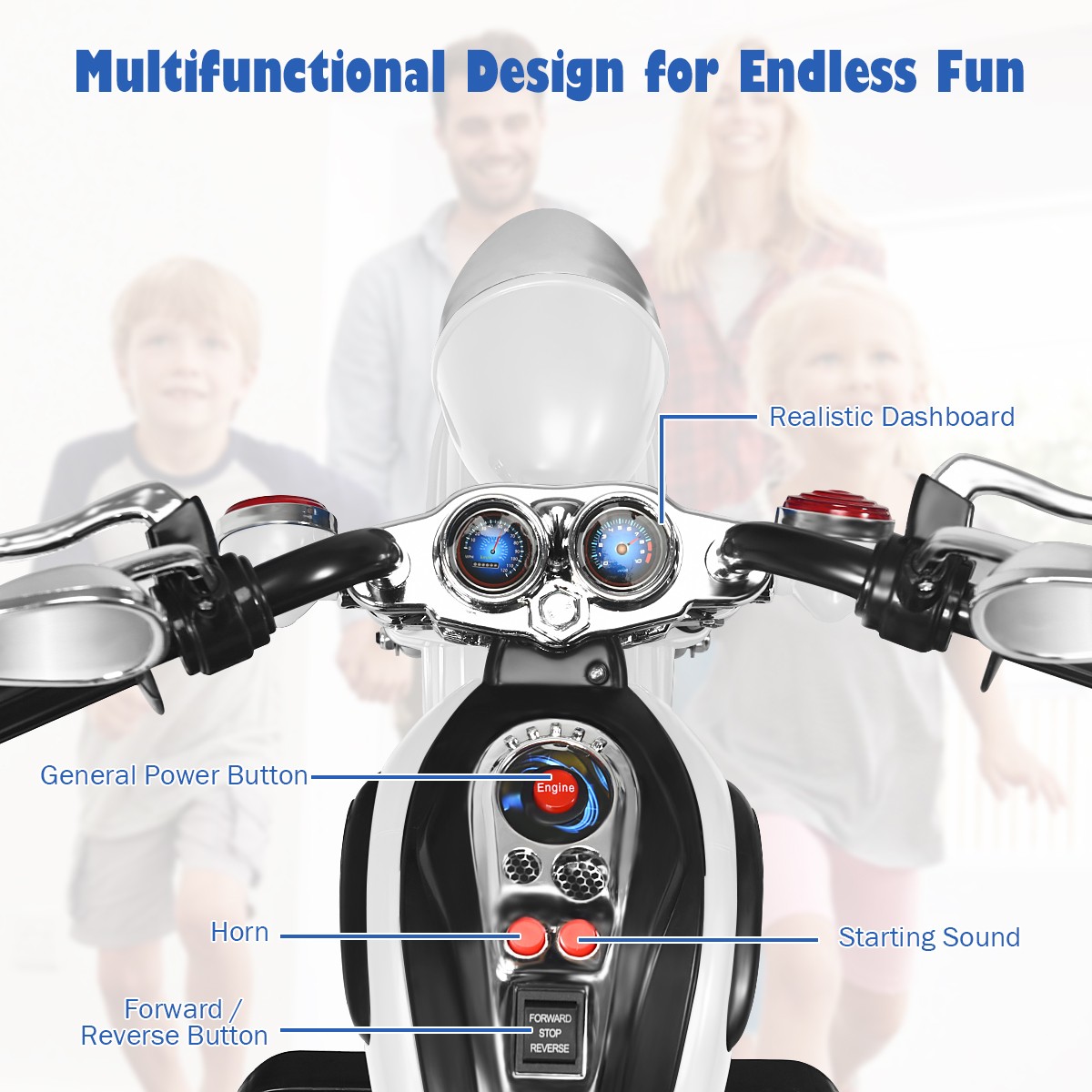 6V Kids Ride On Chopper Motorcycle 3 Wheel Trike with Headlight and Horn White