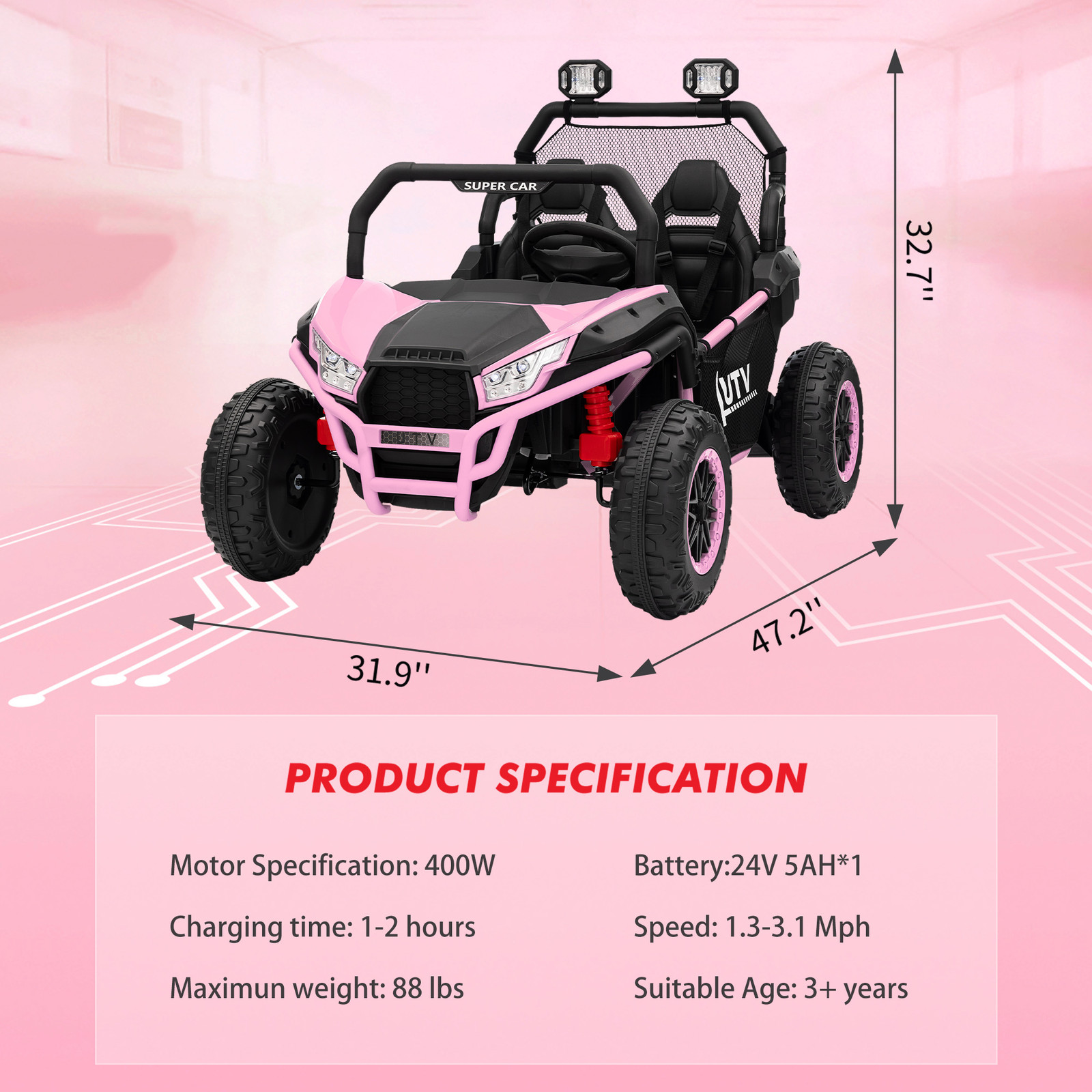 24V Power Wheel for Big Kids 3-8,2 Seater Electric Car,Ride on Car Toy for Grass