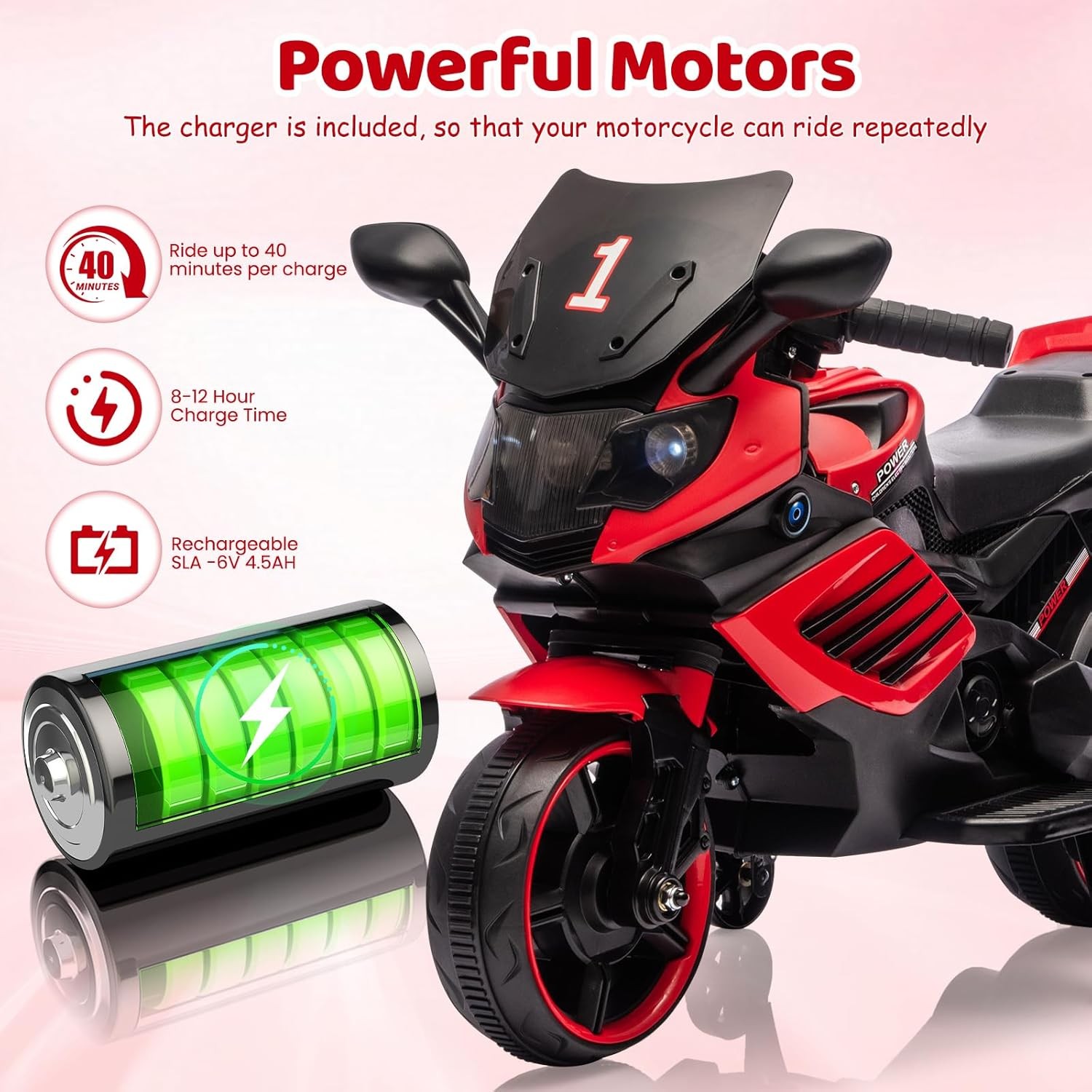 Kids 6V Ride On Motorcycle Battery Powered Ride On Toys w/Treaded Tires Music