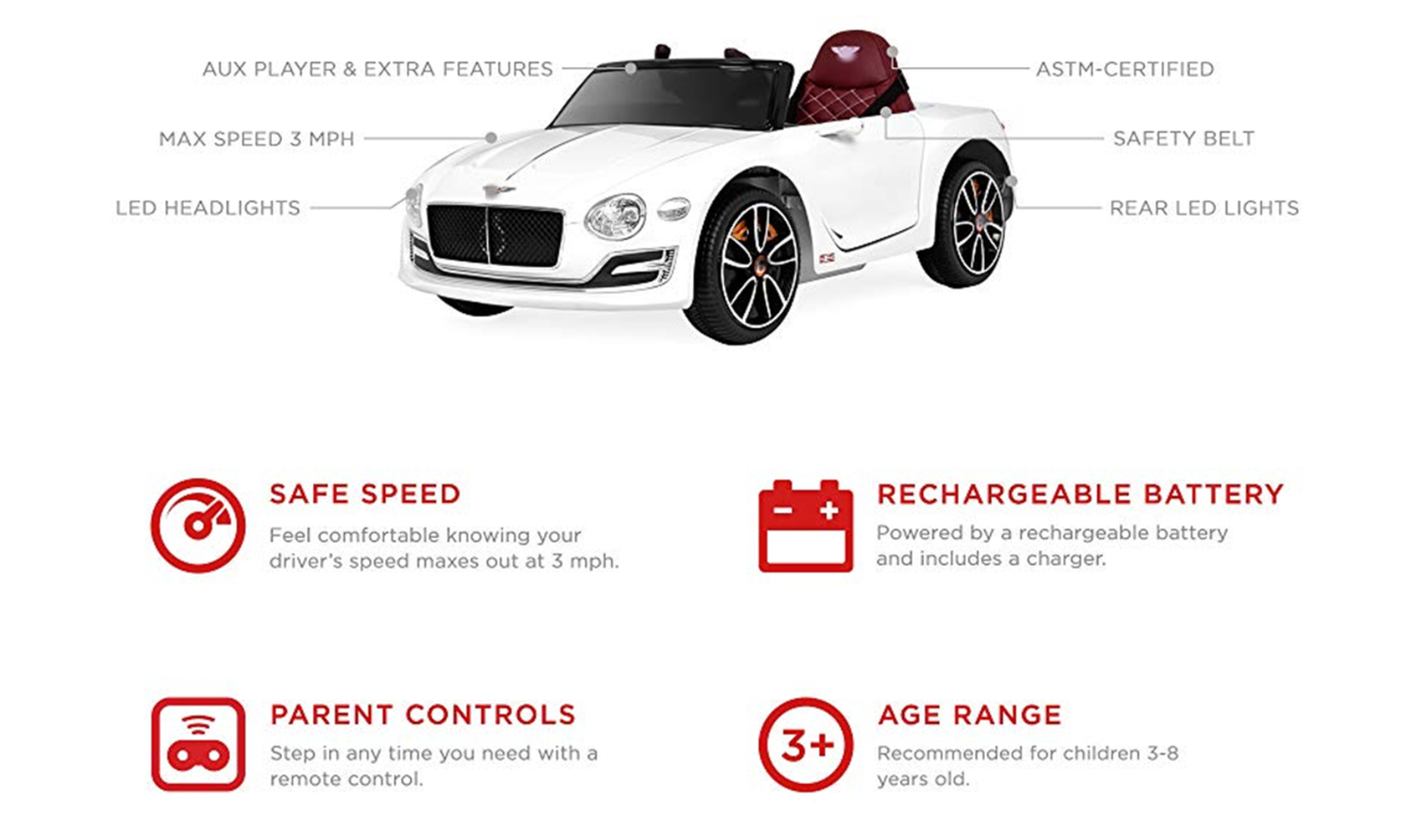 Off-Road Ride On Car with Remote Control Bentley Style 12V Electric Kids Toy AUX