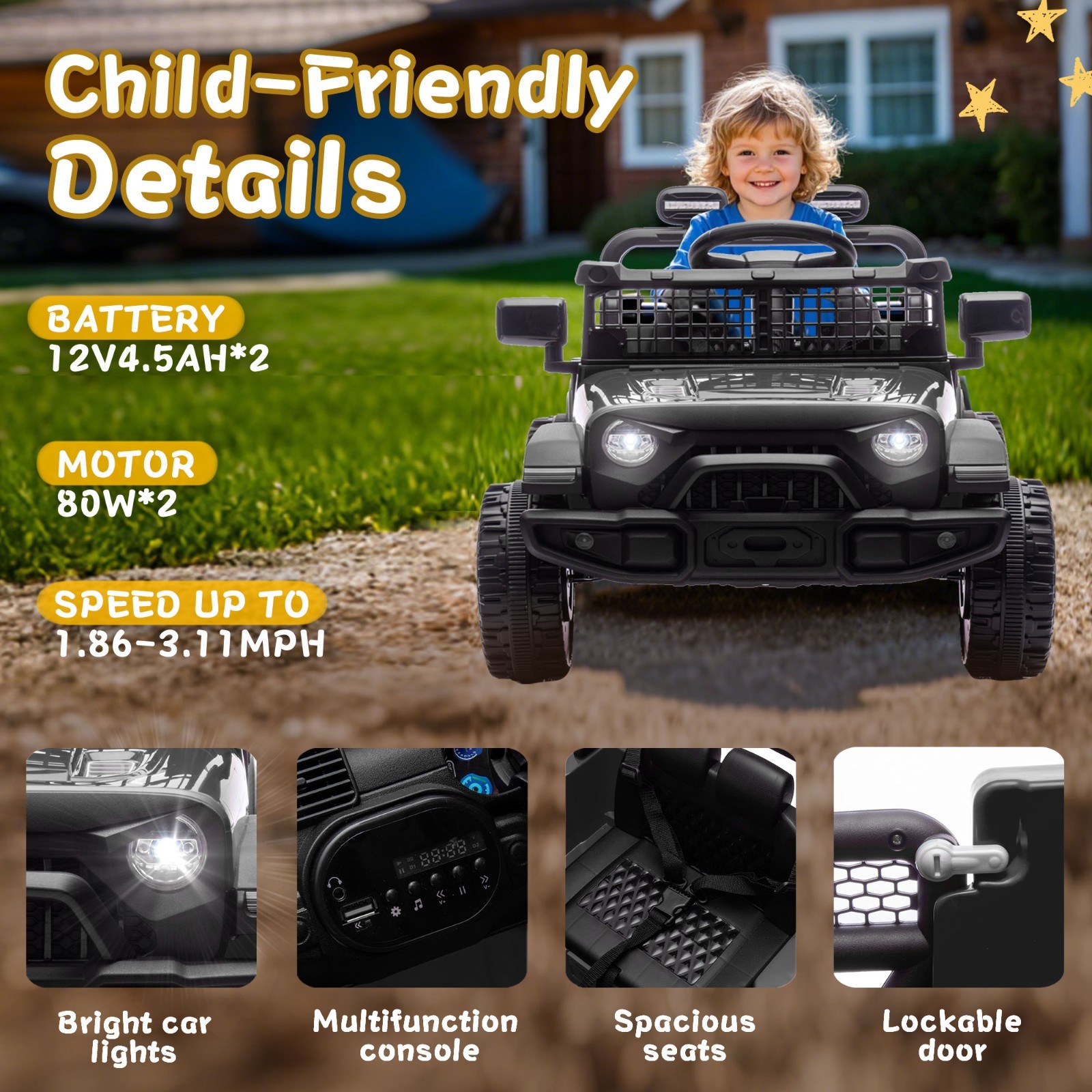 24V Kids Ride on Electric Car w/Remote, Power Wheels Toys for Boys & Girls,Black