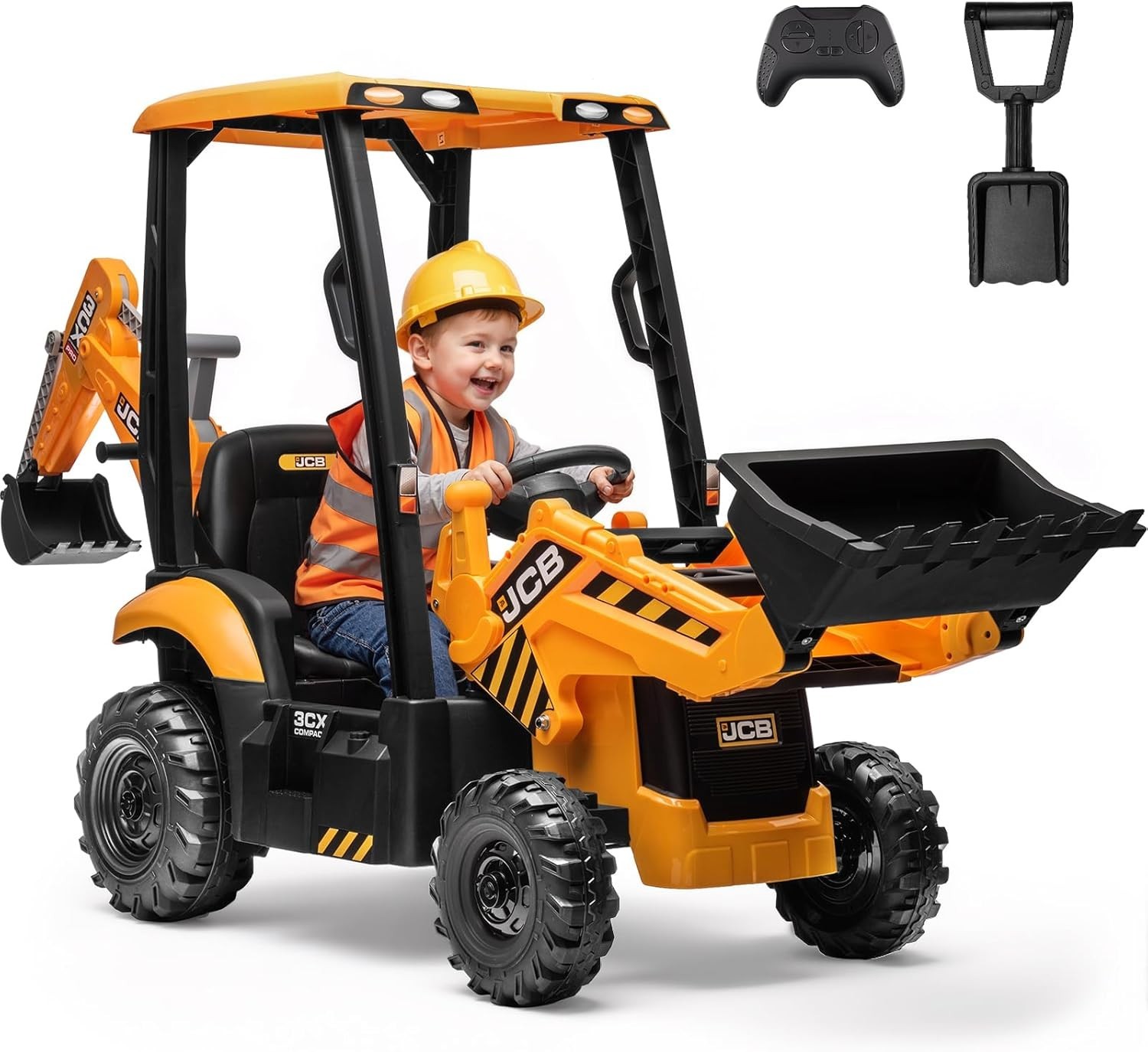 JCB 12V Kids Ride‑On Excavator w/ Remote, 3‑in‑1 Digger, Bulldozer & Backhoe