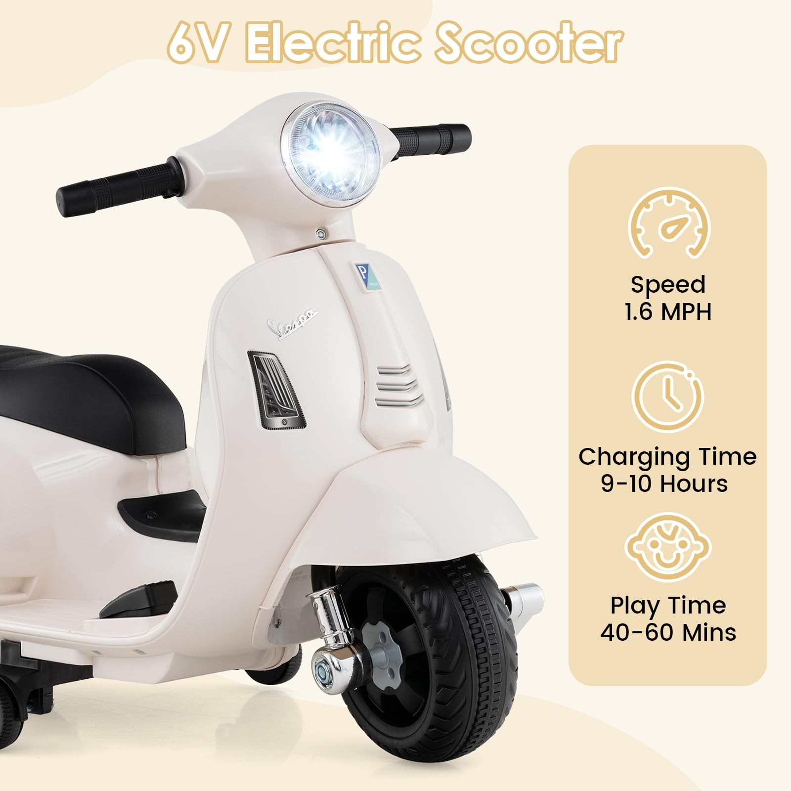 Licensed Vespa Scooter Kids Motorcycle by OLAKIDS, 6V Ride on Electric Motorc…