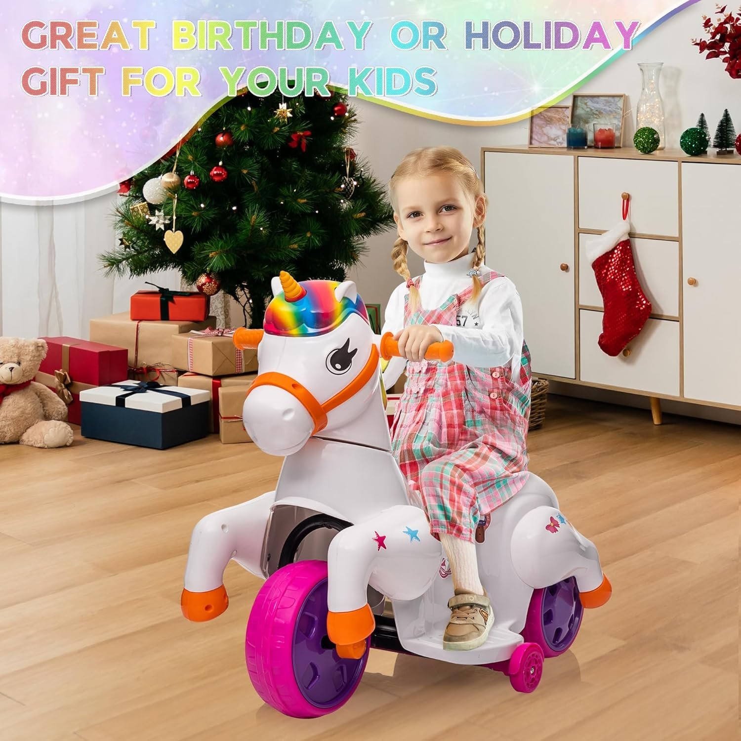 6V Electric Kids Ride On Toys Battery Powered Unicorn Cars for Toddlers w/ Music