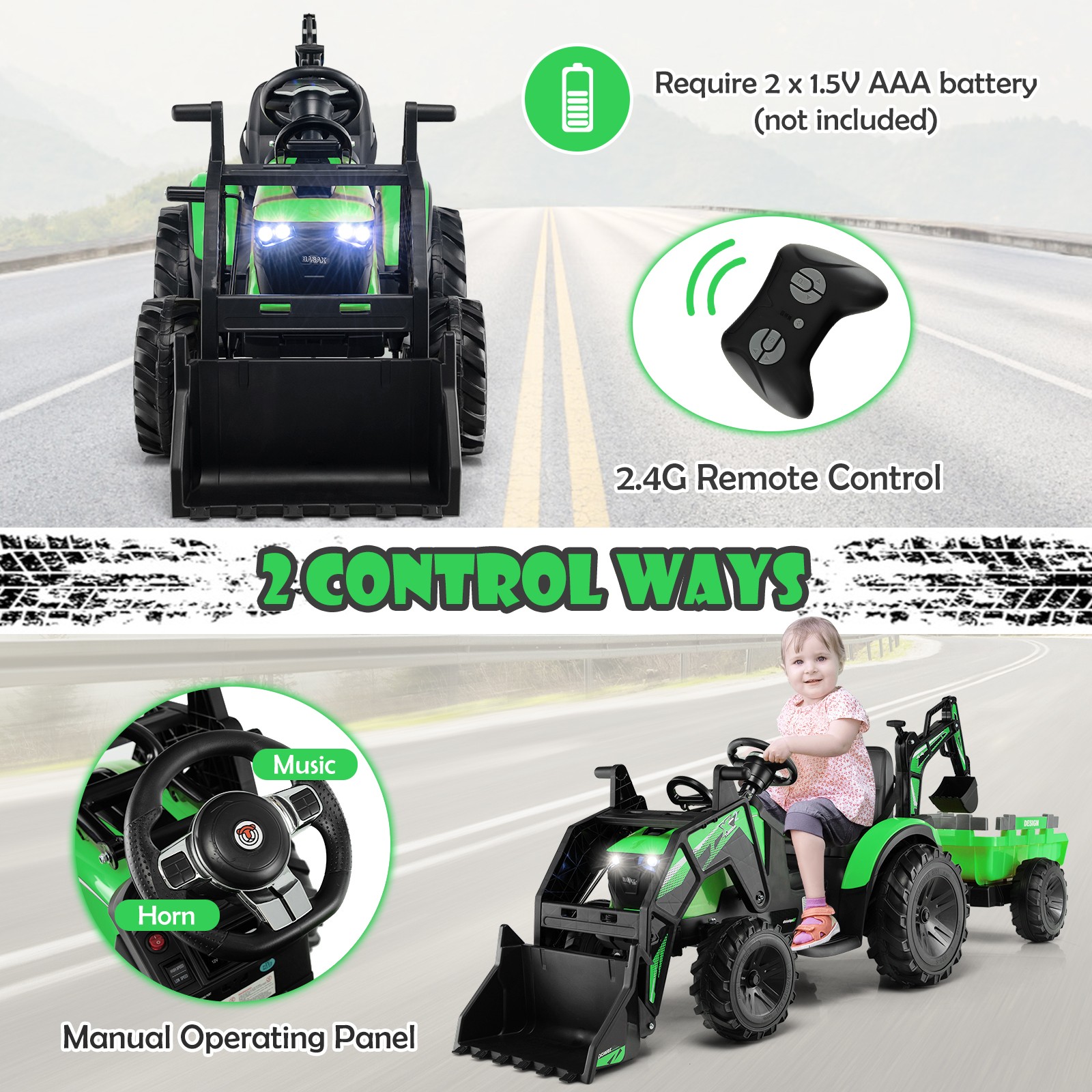 3-in-1 Kids Ride On Excavator Bulldozer 12V Electric Tractor Remote w/ Trailer