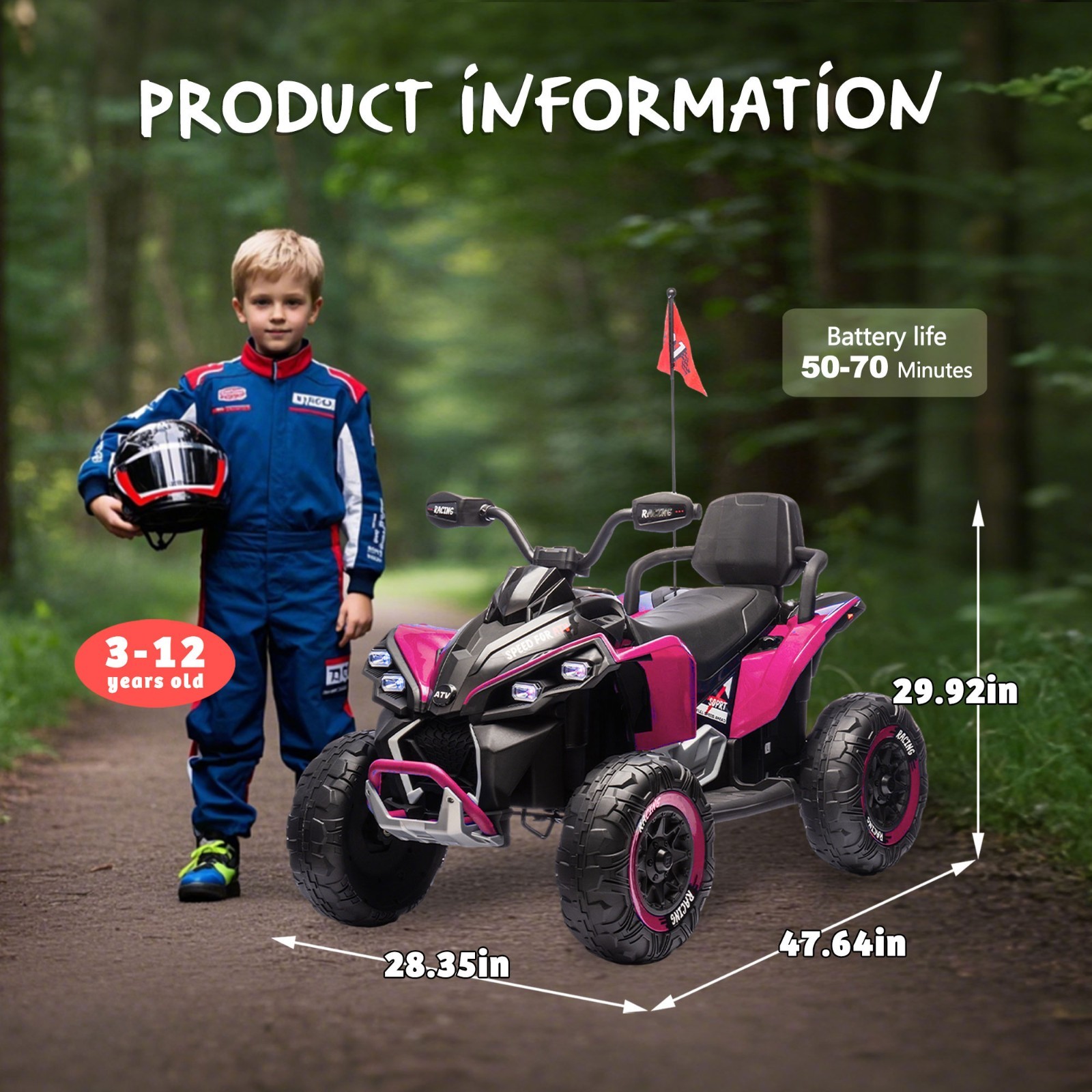 24V Kids Electric ATV Ride On Car W/Remote,LED,Battery Power Wheels Toys,Pink