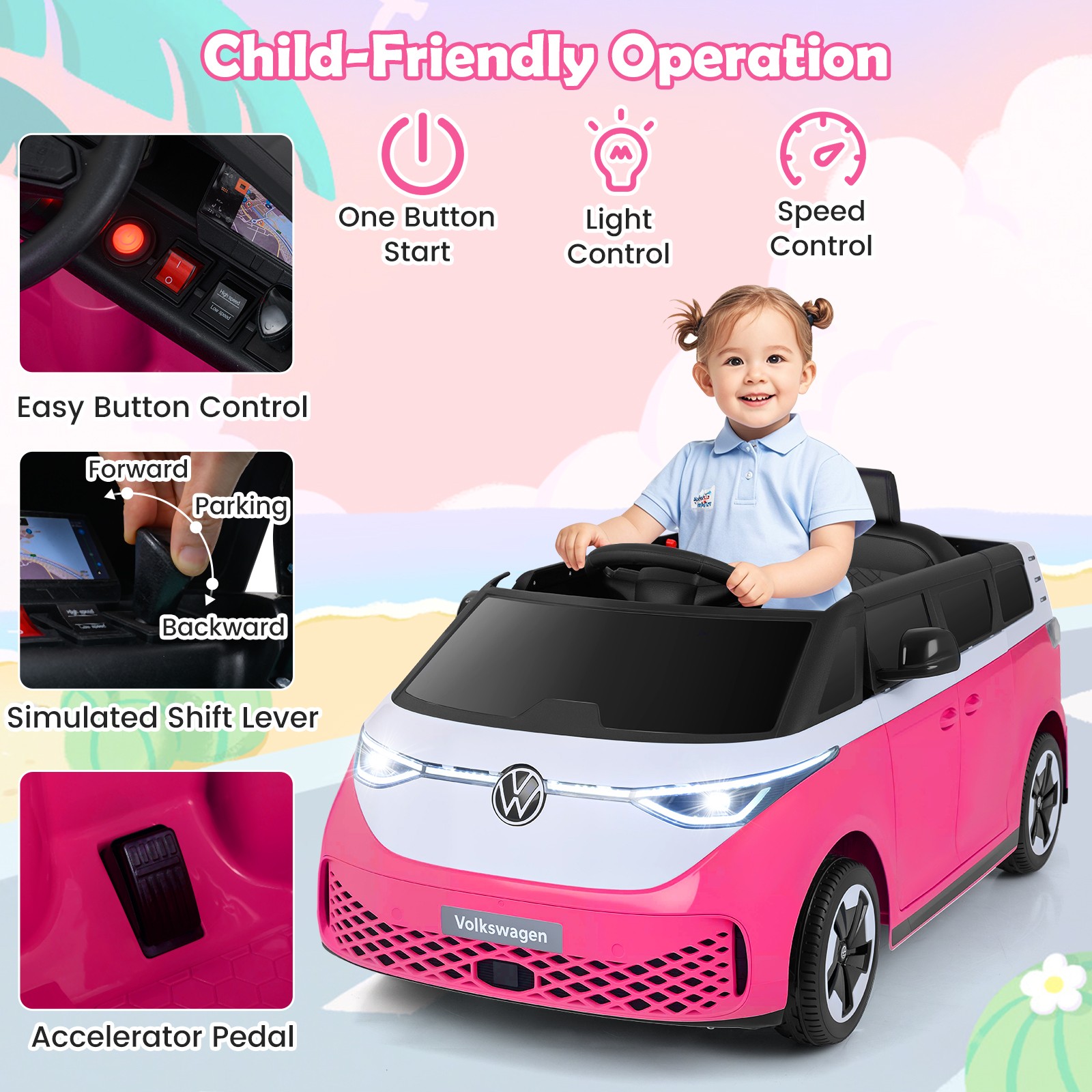 Licensed Volkswagen Ride on Car, 12V Kids Car Bus with Music, Story, Soft Start