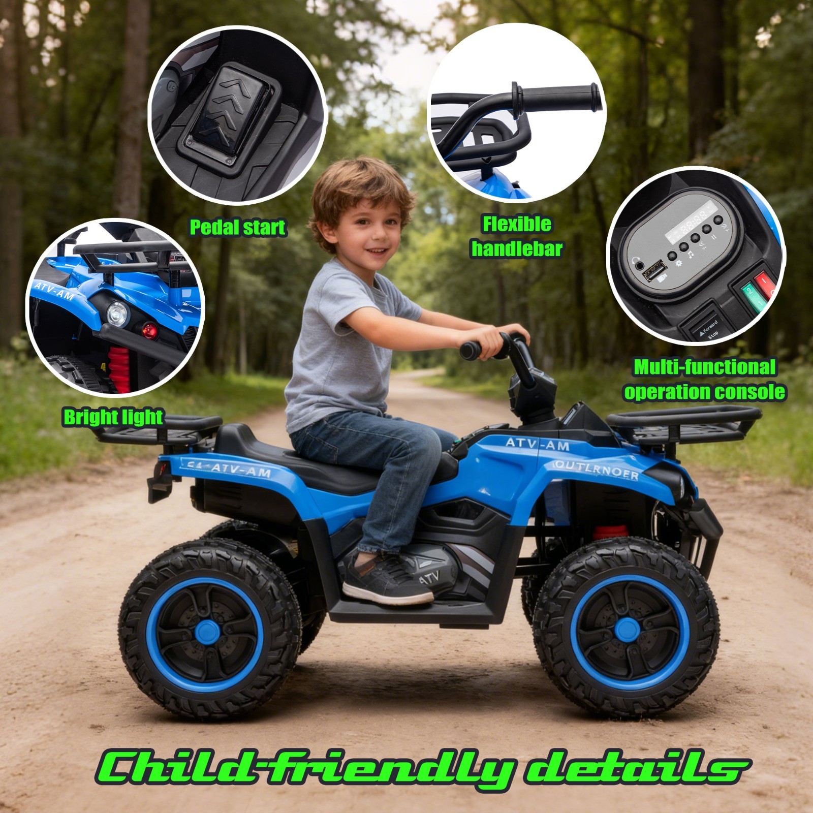 24V Kids Ride On ATV, 160W Off-Road Toys w/LED, Dual Storage Racks,Blue
