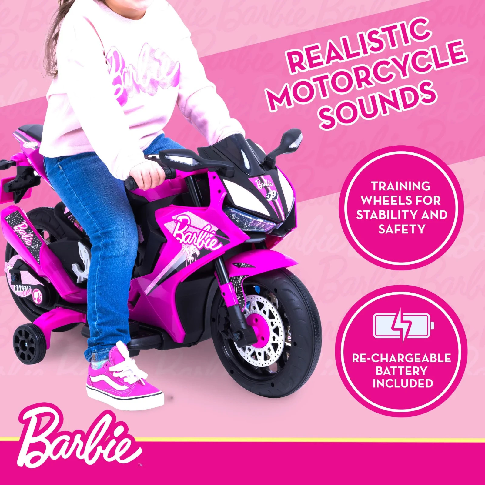 6V Barbie Motorcycle Ride on, Max 1 mph, for Kids Ages 3+ Years, by Flybar