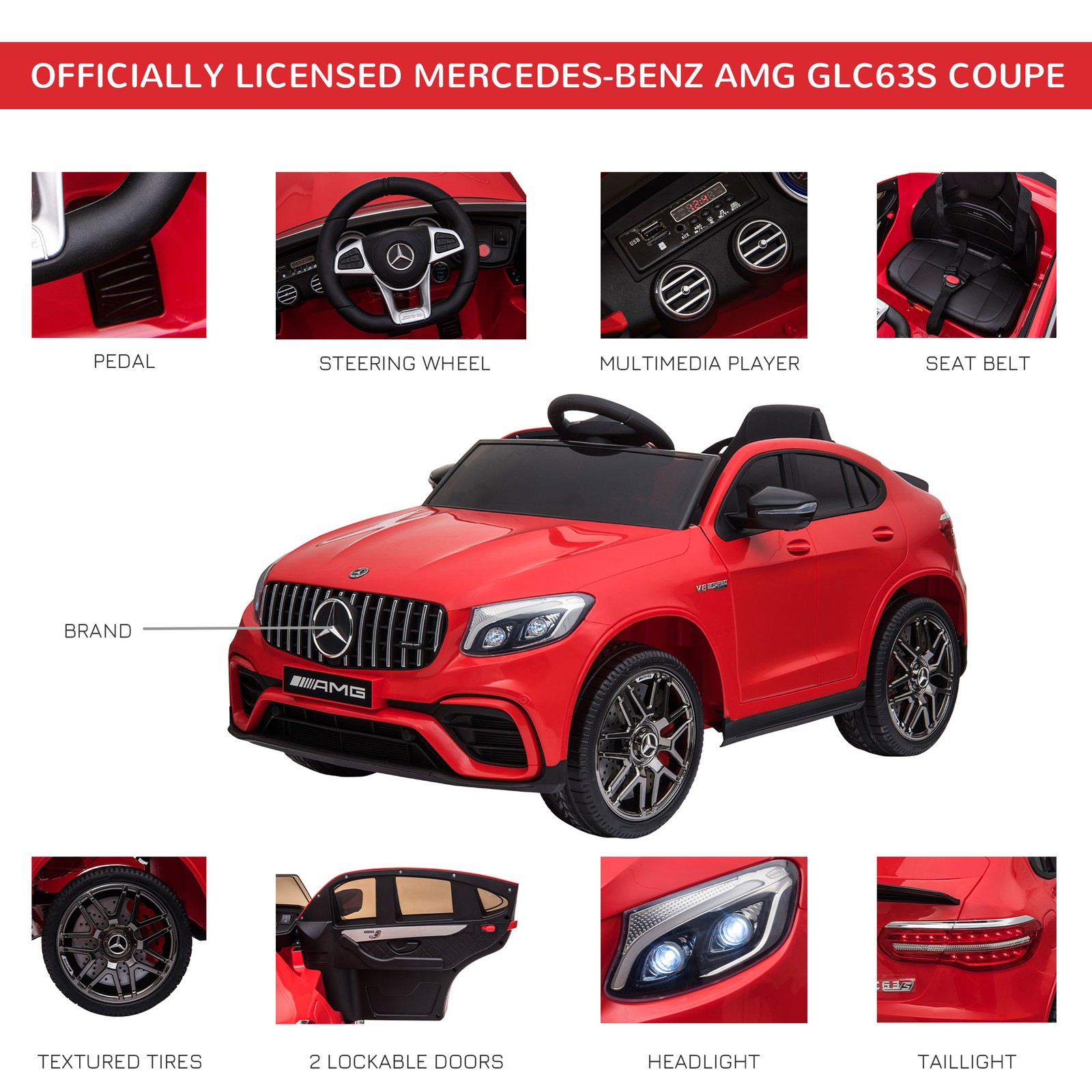 12V Ride On Toy Car for Kids with Remote Control, Red