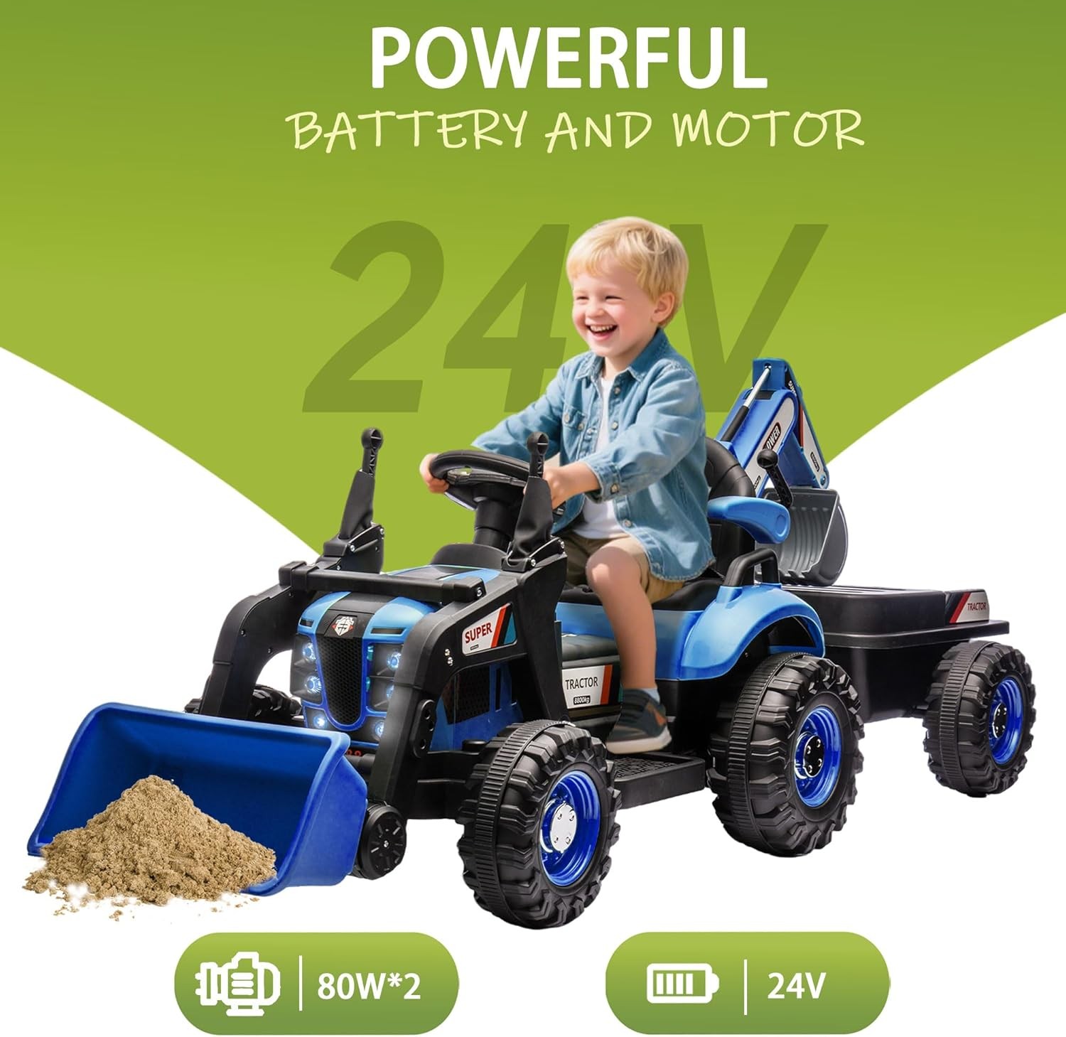 24V Kids Ride on Electric Excavator Tractor Bulldozer Truck 4 in 1 Car W/ Remote