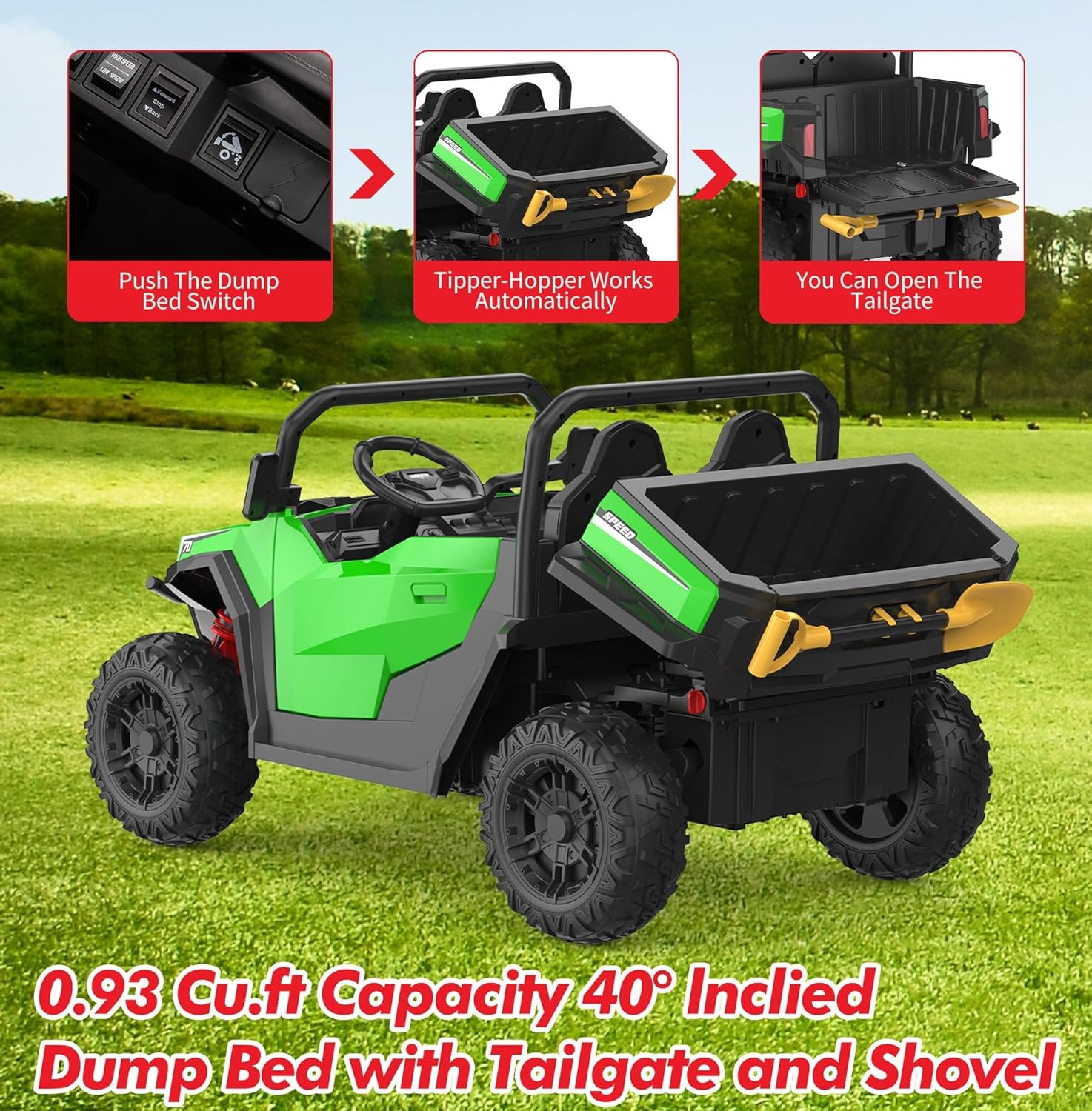 Green 24V 4WD Kids Dump Truck W/ Remote Control & Electric Dump Bed, for Age 4-8