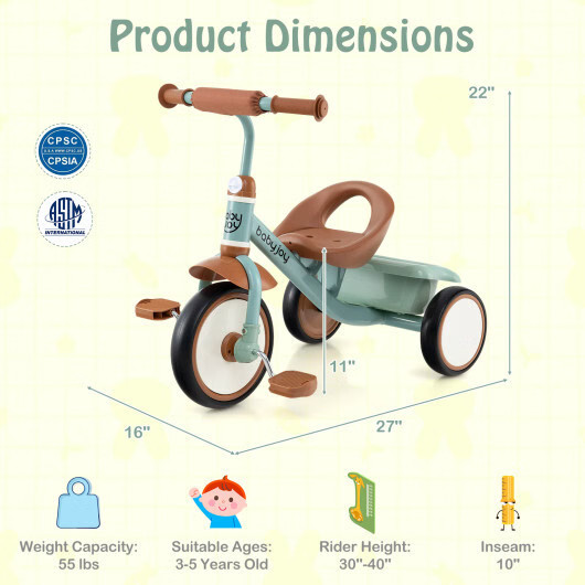Toddler Tricycle Kids Trike with Adjustable Seat and Basket Aged 3-5 Years Old-G