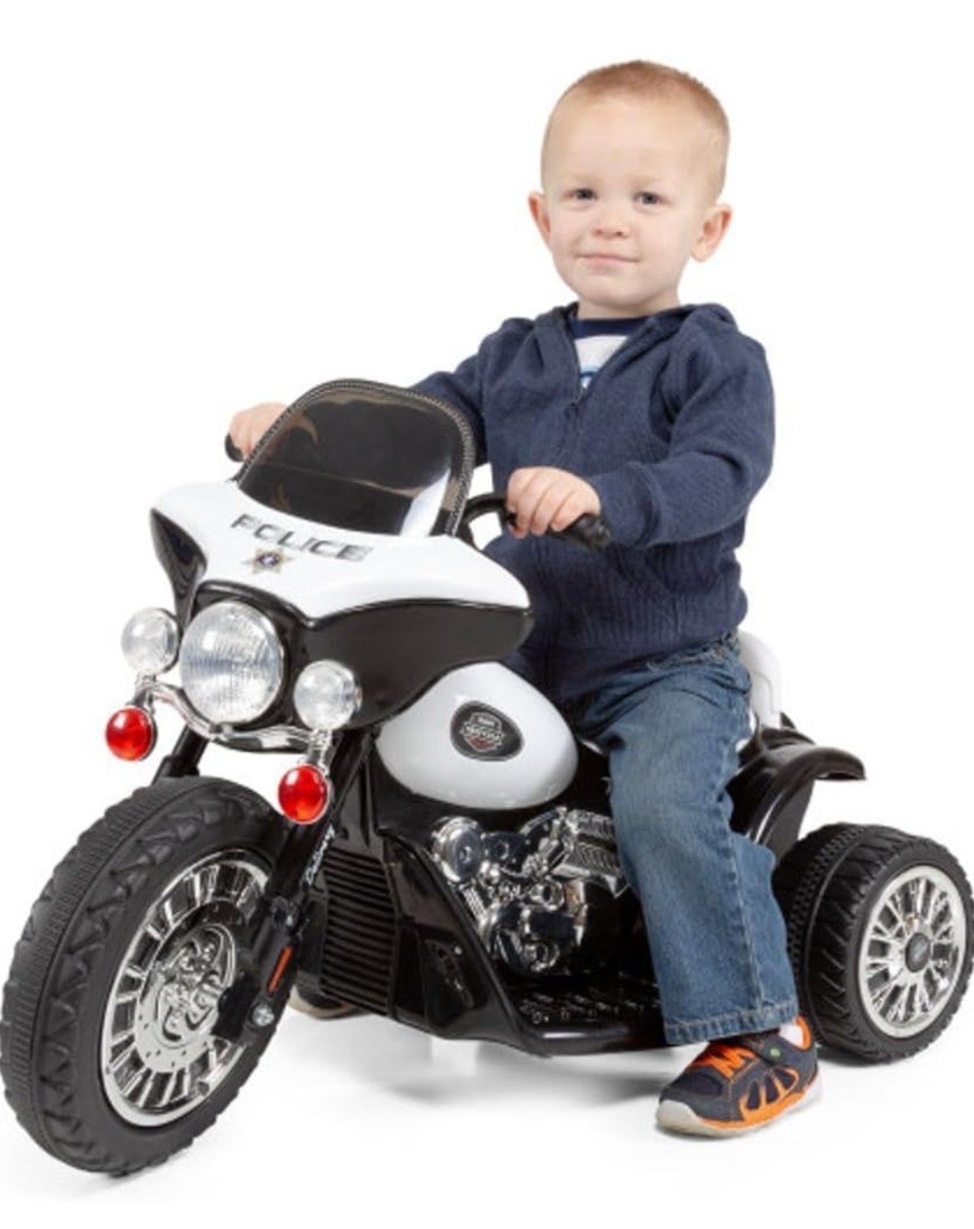 Kids Electric Police Motorcycle 3-Wheel Ride, Reverse, Headlights, Decals, Black