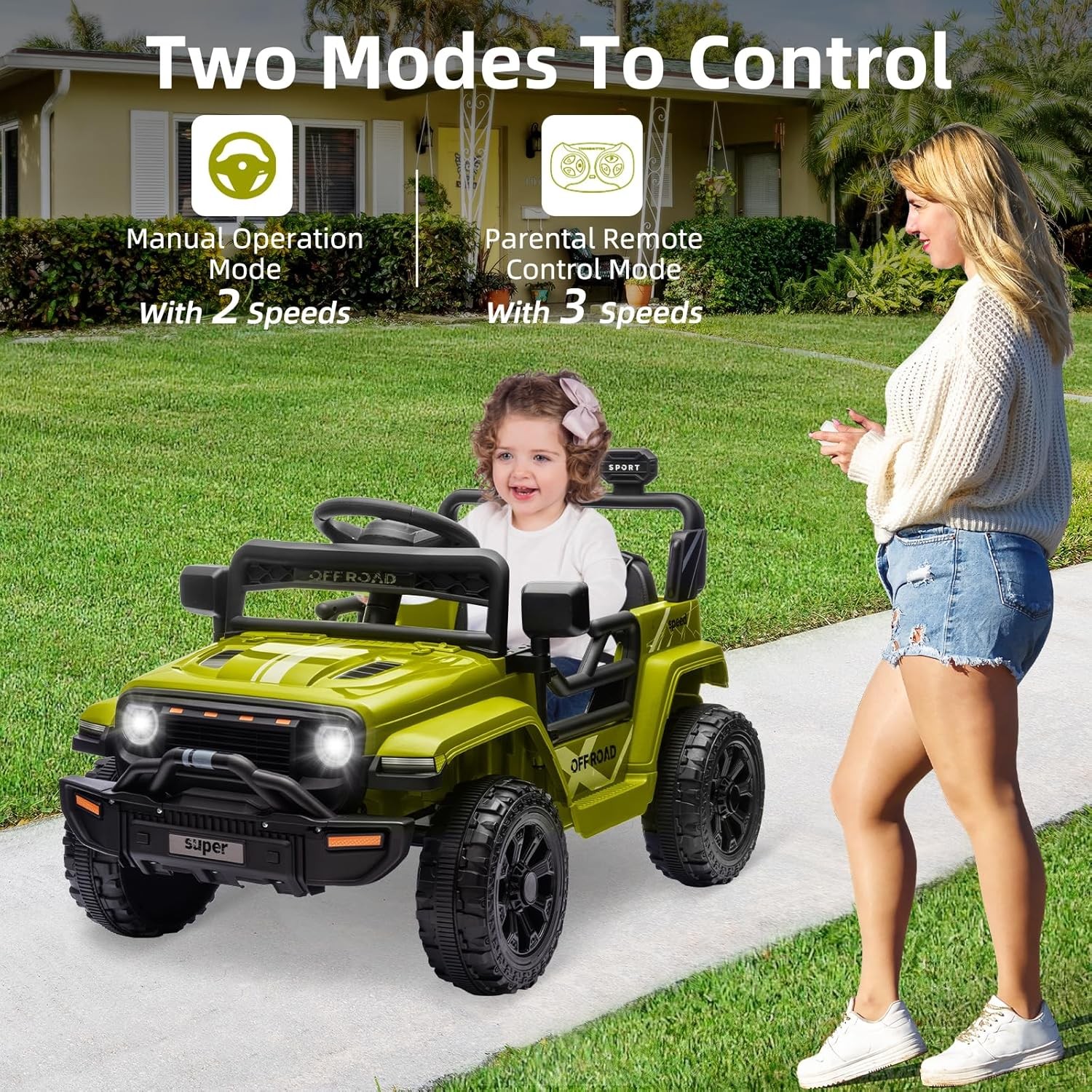 12V Kids Ride On Truck w/ Remote,2 Speeds,Spring Suspension,LED Lights – Green