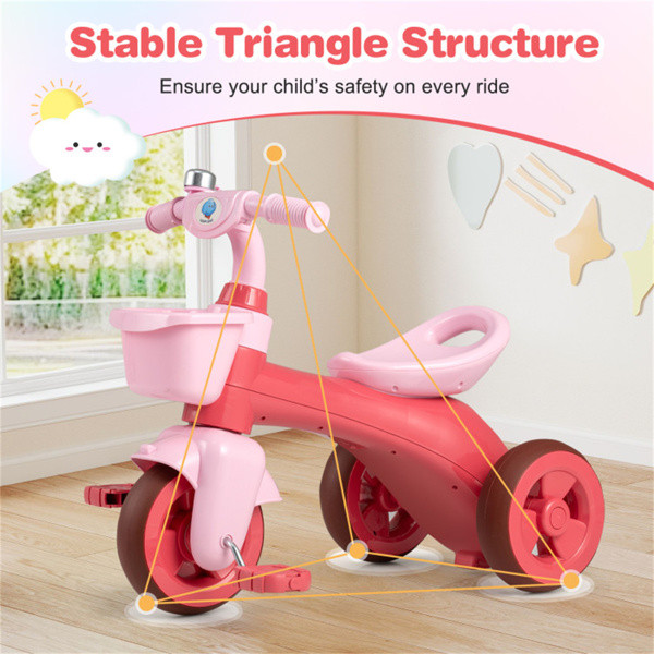 Kids Tricycle Ride With Storage Basket Bell Anti-Slip Pedal Stable 3-5 Years Old