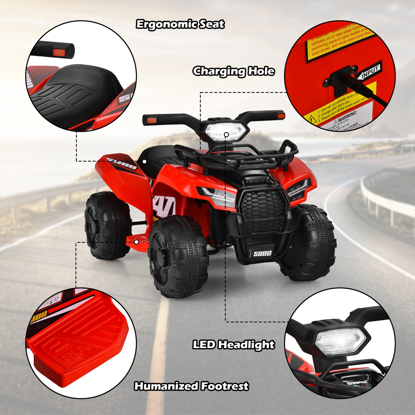 6V 4 Wheels ATV Quad Ride On Car Kids Ride-On Toy w/ Music Horn LED Light Red