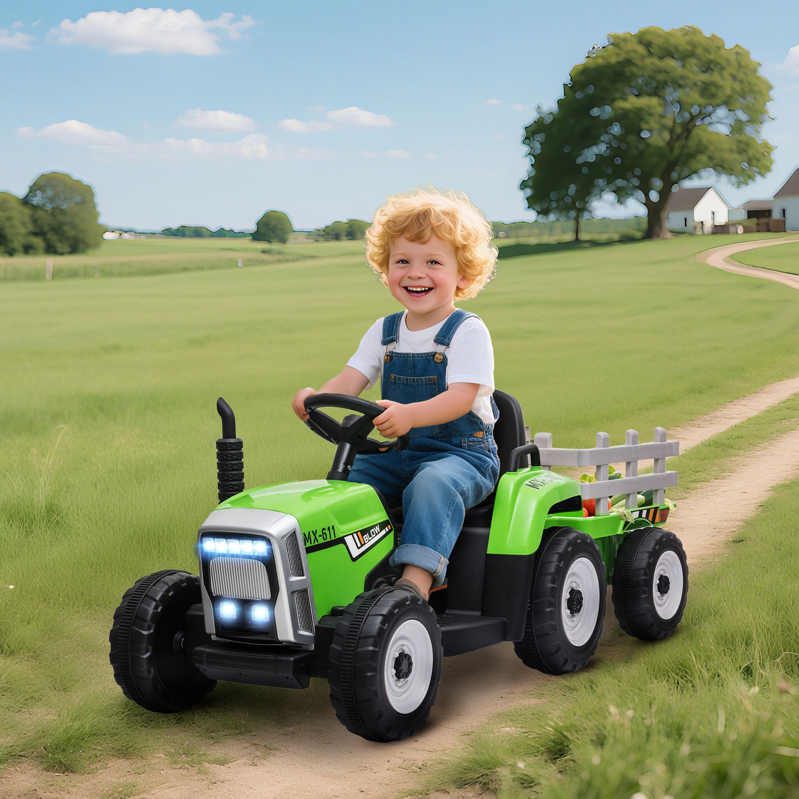 12V Electric Ride on Tractor with Trailer, 25W Dual Motors, Green