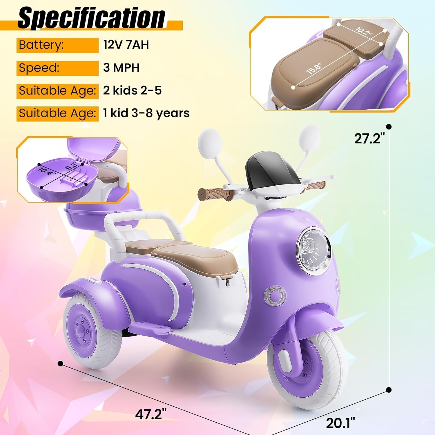 2 Seater Kids Electric Motorcycle 3 Wheels Moped 12V Dual Motor Ideal Kids Gift*
