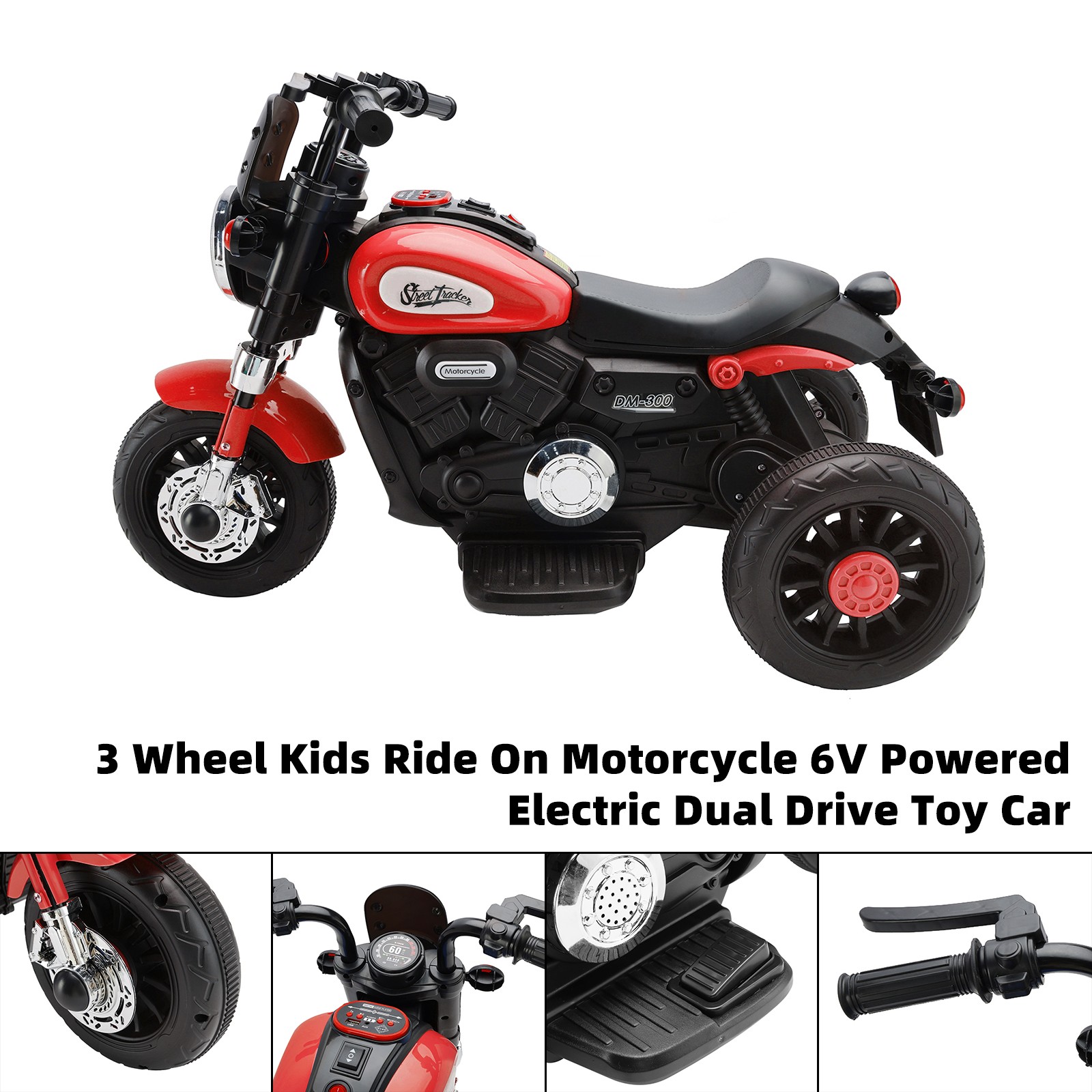 🏍️3 Wheel Kids Ride On Motorcycle 6V Powered Electric Dual Drive Toy Car Red
