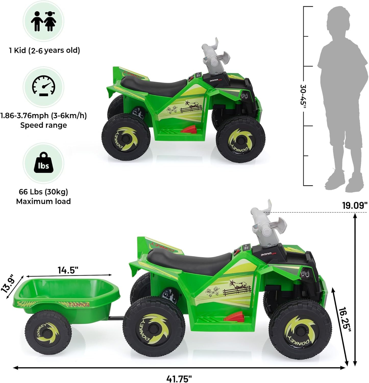 6V Electric Kids Ride on Toy ATV with Trailer, 4 Wheeler Powered Car, Toddler Ve