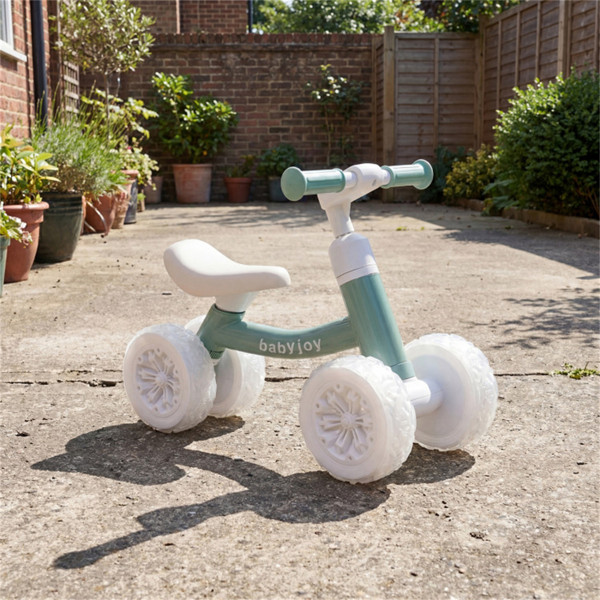 Green Kids 4-Wheel Balance Bike Colorful Light Up Wheels Adjustable Height