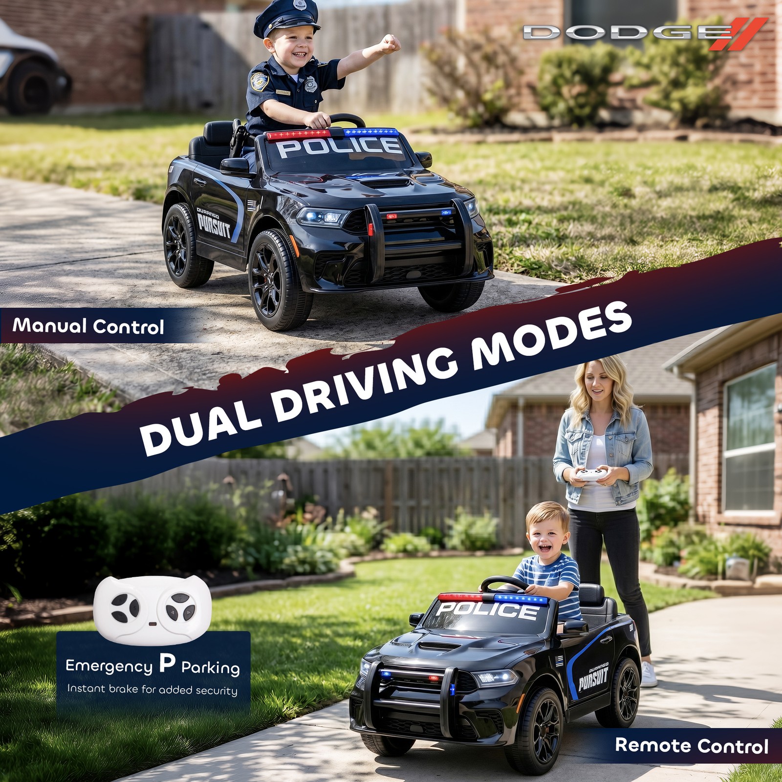 Qaba 12V Licensed Dodge Ride On Police Car with 2 Seater for Age 3-6, Black