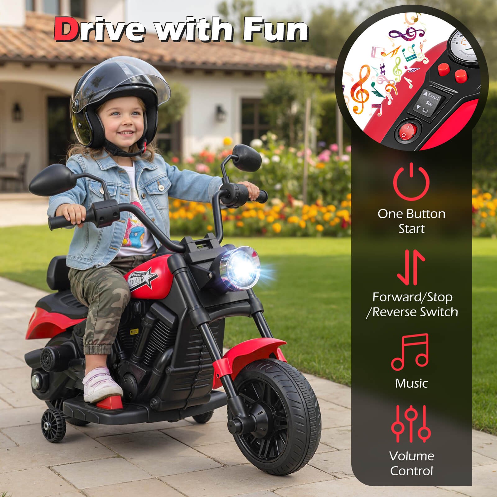 Kids Motorcycle w/Headlight, Music, Training Wheels, Foot Pedal for Boys Girls
