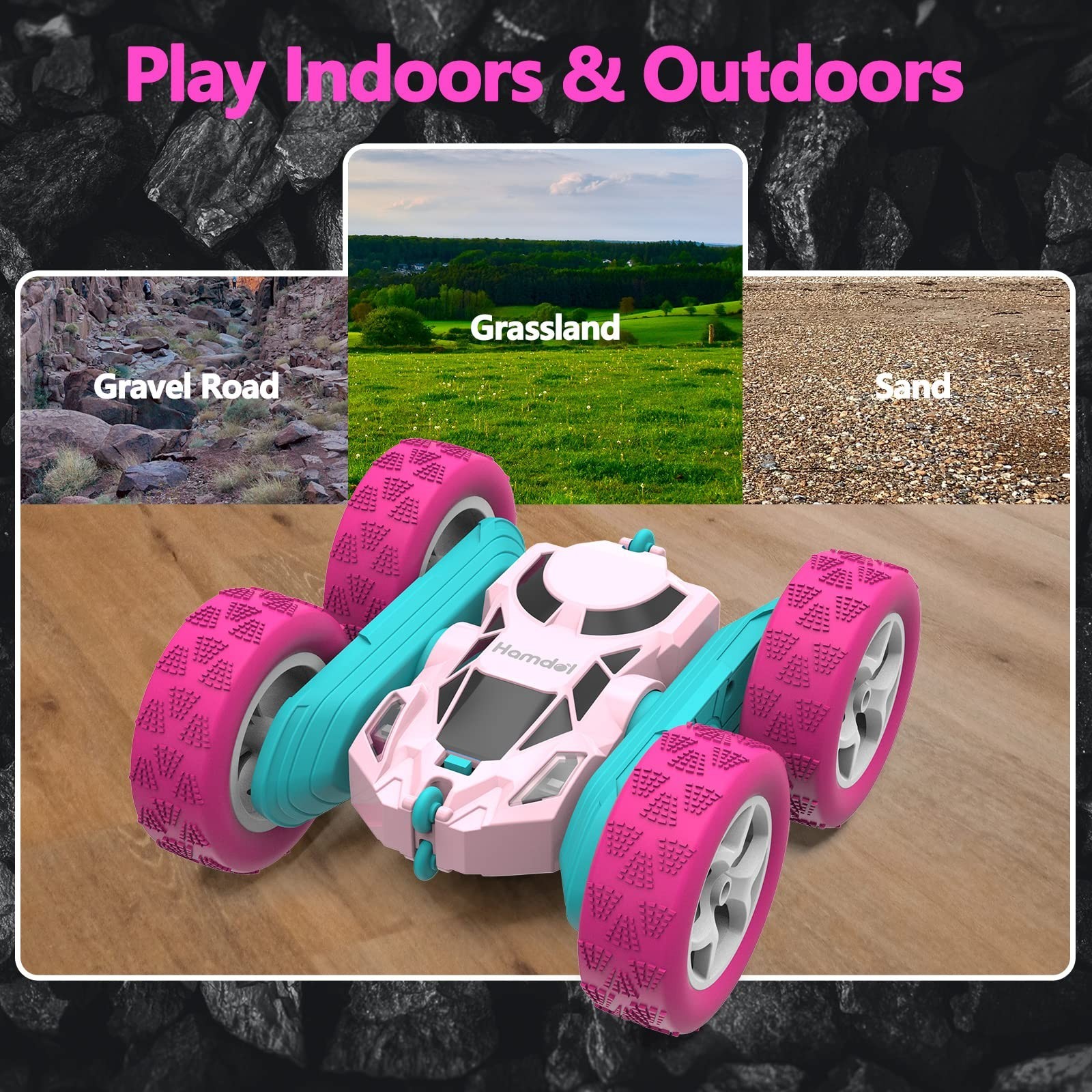 Hamdol Pink Remote Control Car for Girls, 360° Flipping Stunt Car with LED