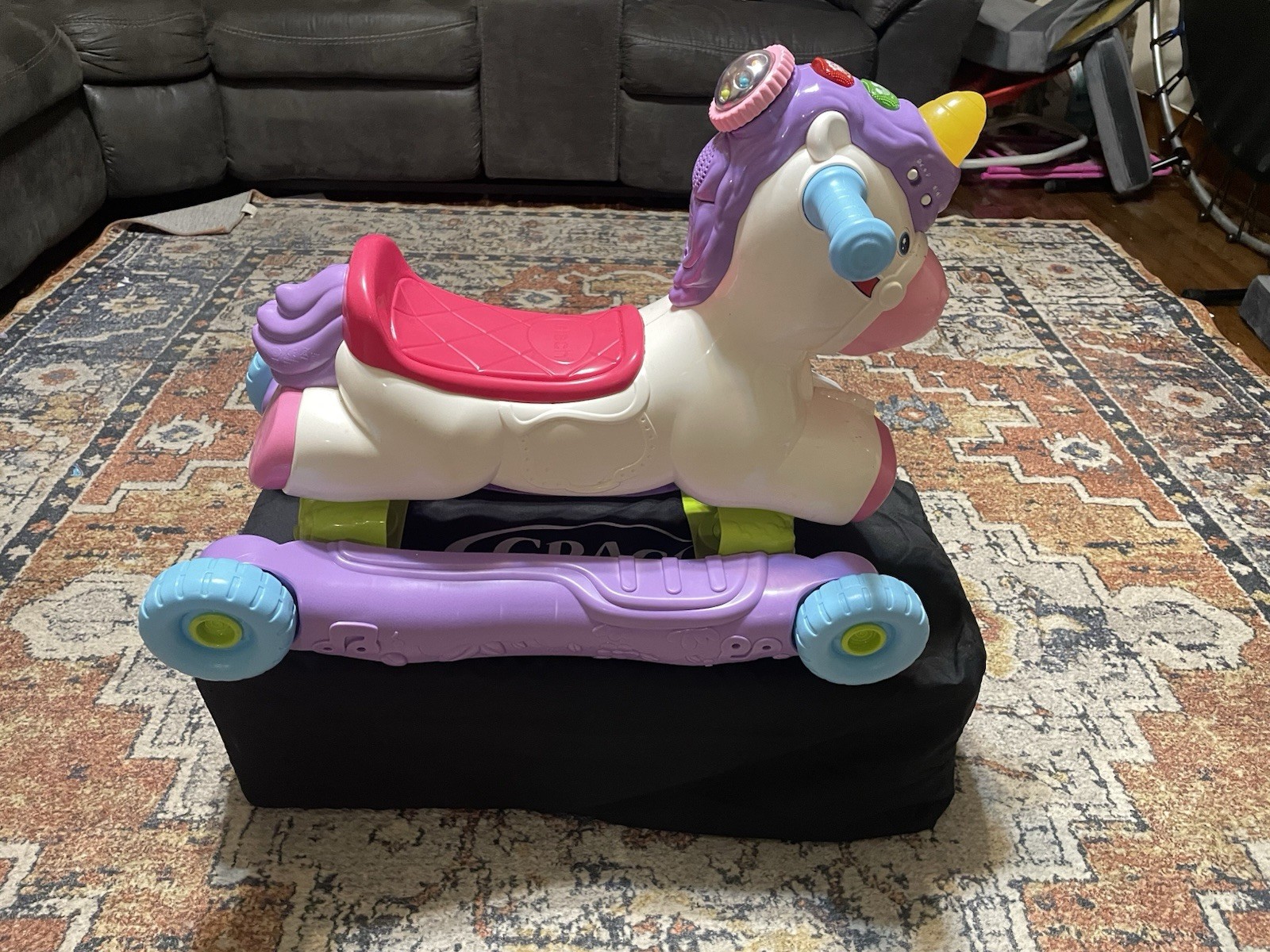 V-tech Unicorn Ride-On Push Toy w/ Wheels & Handlebars Pink Purple White