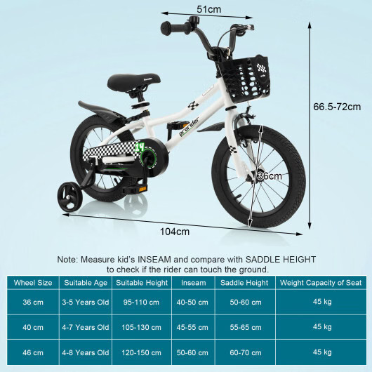 14 Inch Kids Bike with 2 Training Wheels for 3-5 Years Old-Black & White – Color