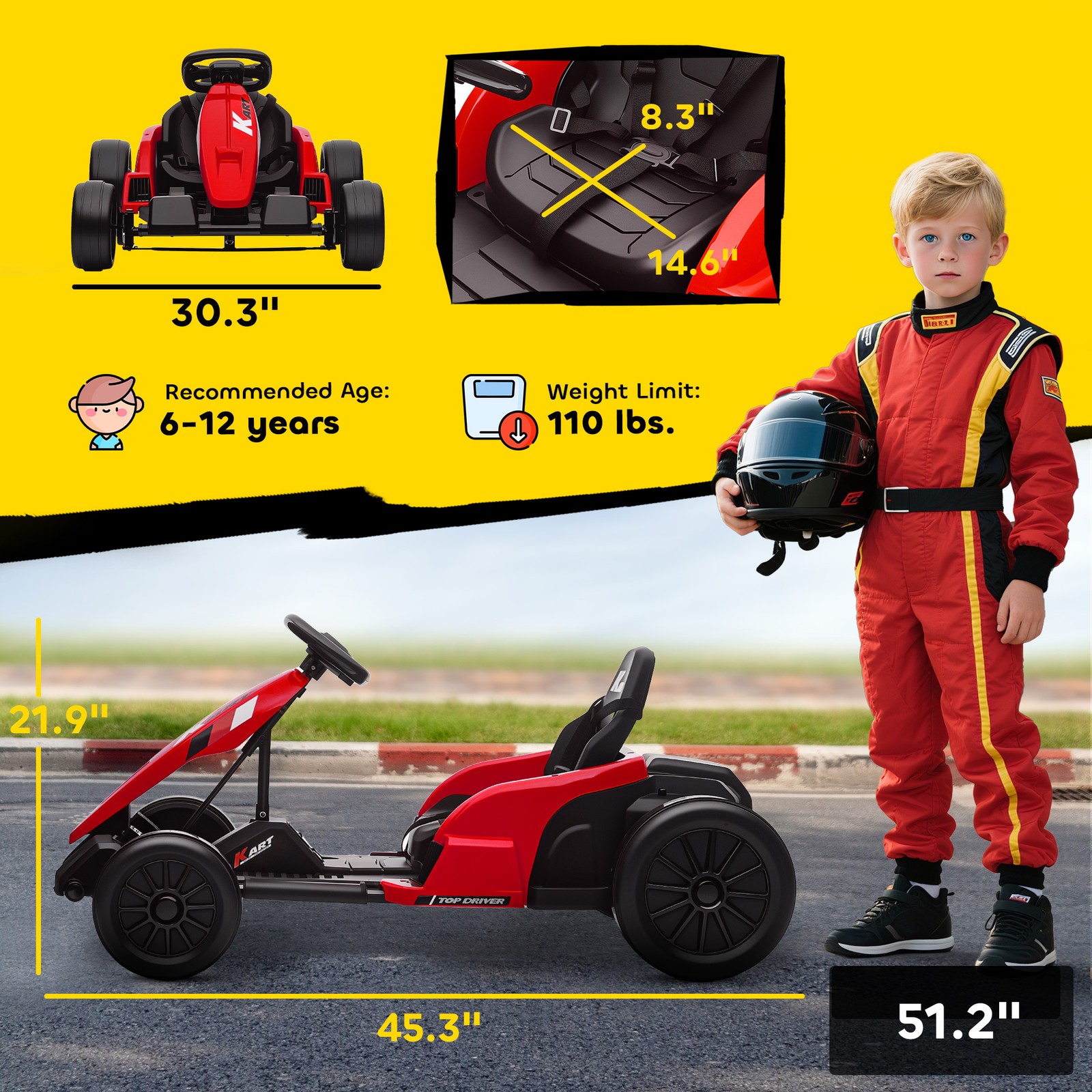 24V Electric Go Kart with Dual 150W Motors, Adjustable Seat, Slow Start, Red