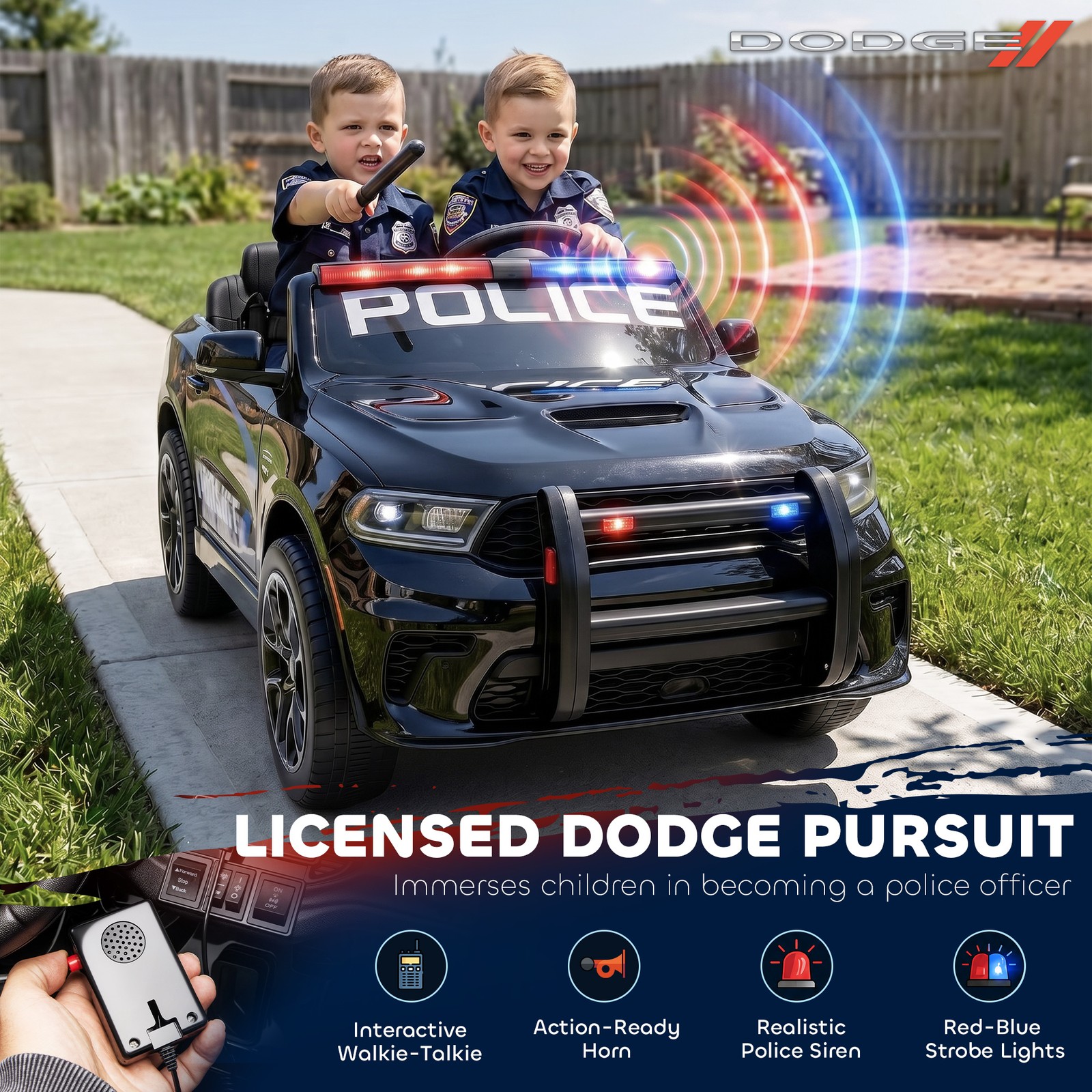 Qaba 12V Licensed Dodge Ride On Police Car with 2 Seater for Age 3-6, Black