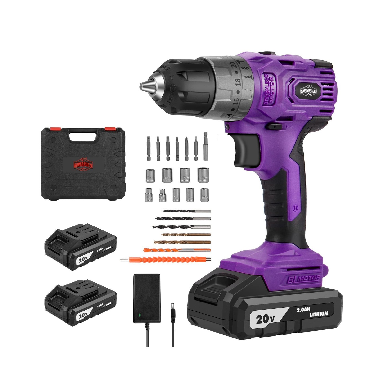 Brushless Cordless Drill Set, 20V Compact Power Driver, Purple Electric Motor…