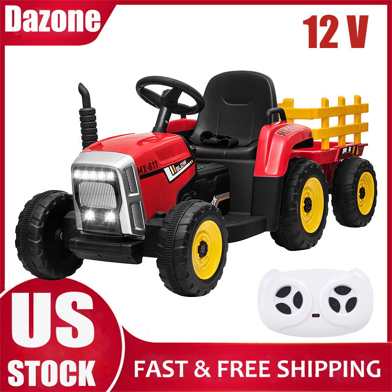 Battery-Powered 12V Kids Electric Ride on Car Tractor w/Trailer & Remote Control