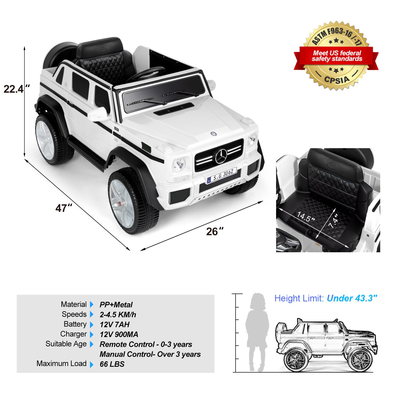 White Electric 12V Battery Kids Ride On Car 3 Speed with Music, LED, MP3, RC
