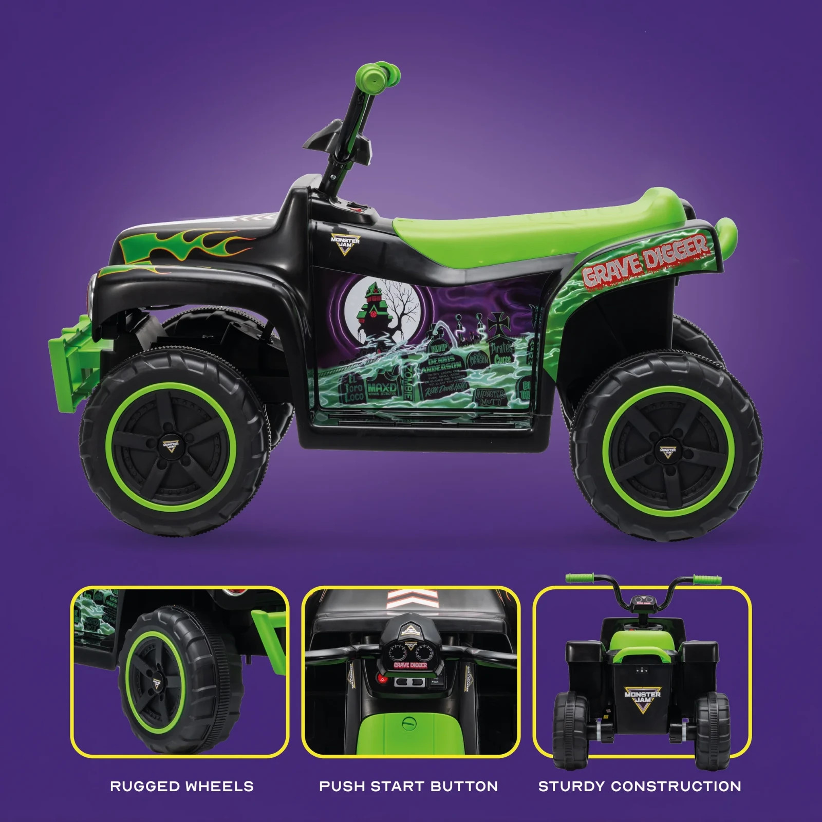 Monster Jam Grave Digger ATV 12V Electric Vehicle w/Cool Graphics, Ages 3+