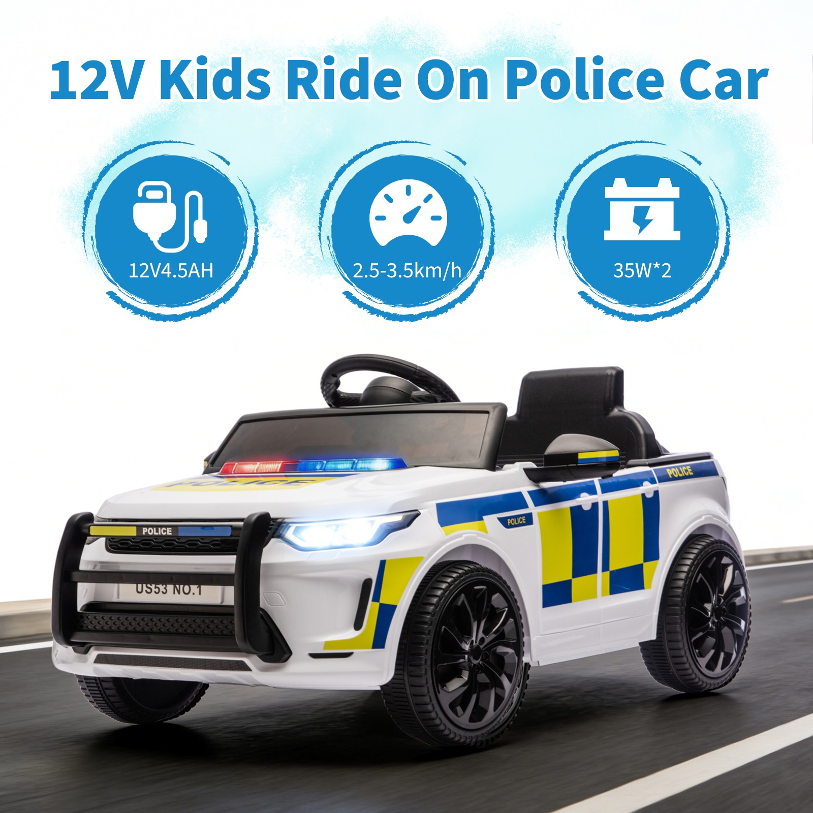12V Electric Ride On Police Car for Kids&Remote Control,Battery Powered Toy Car